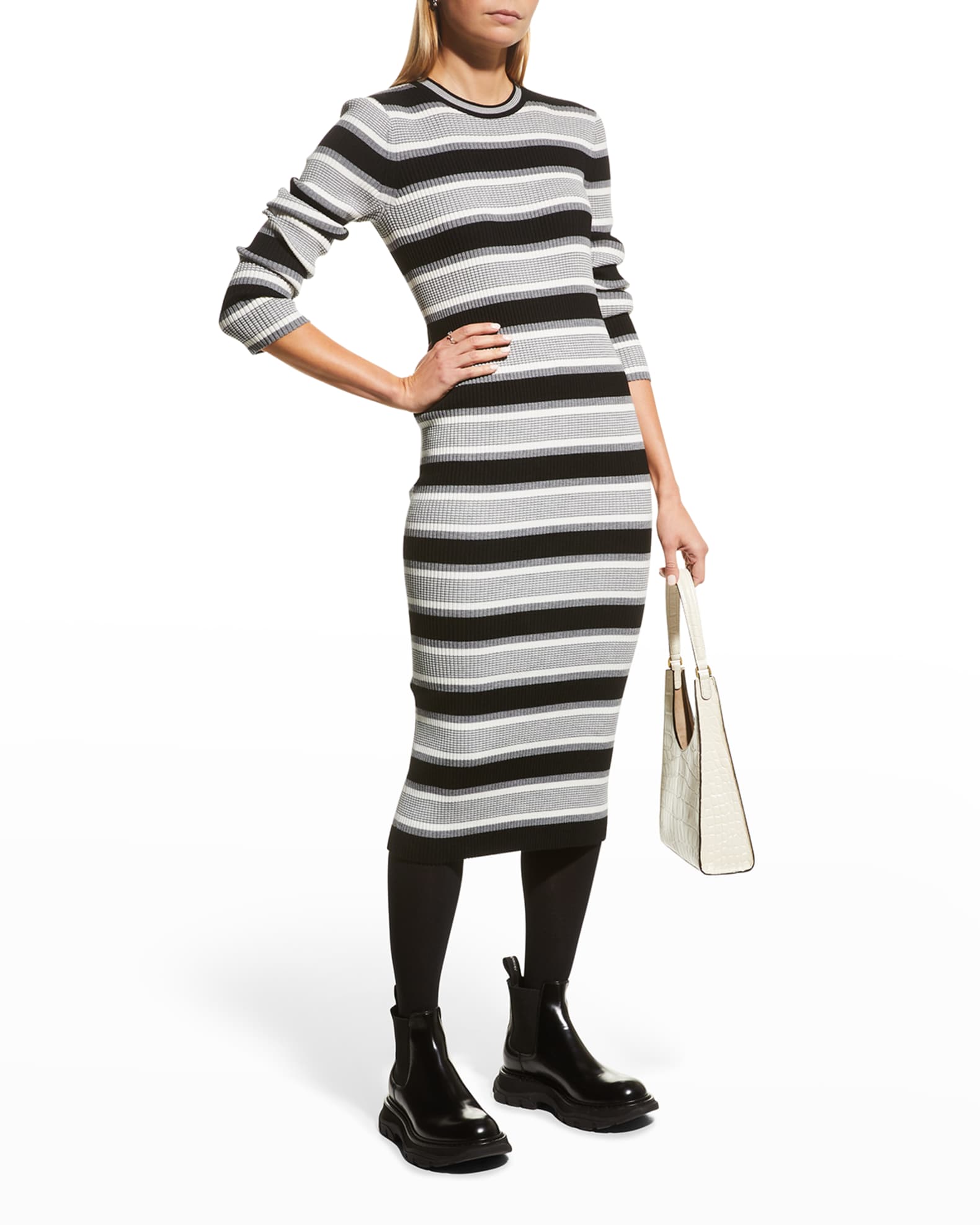Theory Empire Wool Stripe Midi Dress | Neiman Marcus