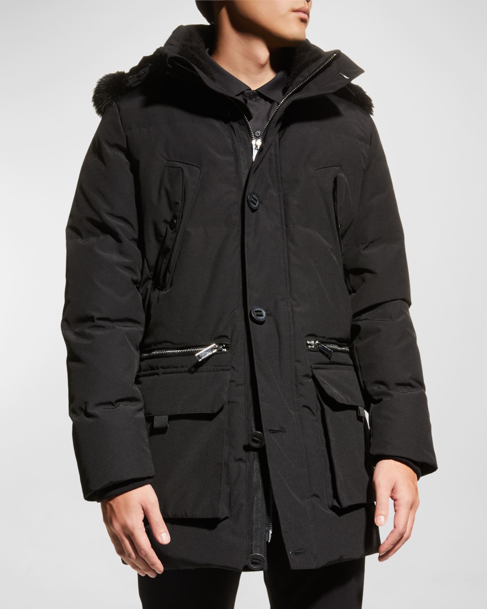Karl Lagerfeld Paris Men s Faux Fur Lined Trimmed Parka Coat Olive Size XL