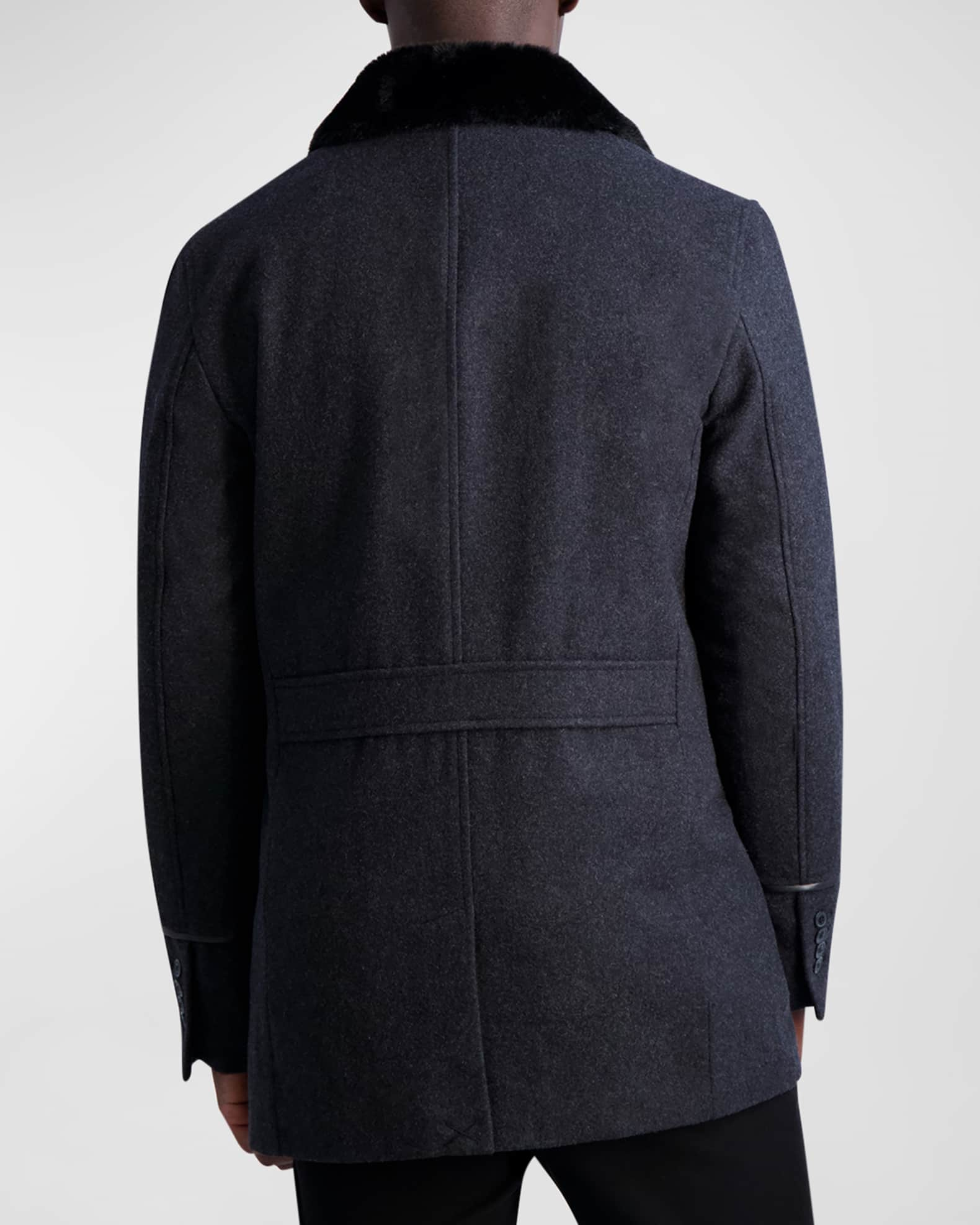 Karl Lagerfeld Paris Men's Wool Peacoat w/ Faux Fur Collar | Neiman Marcus