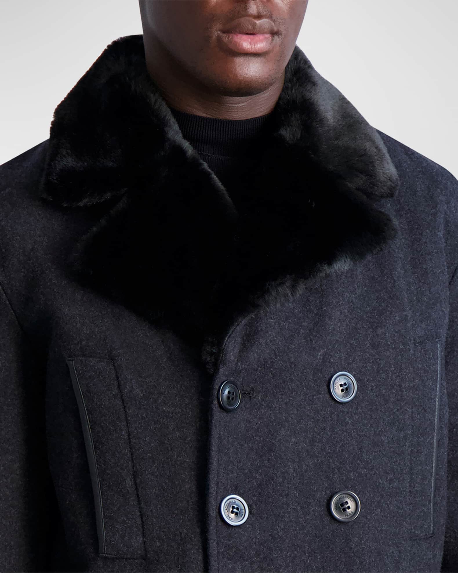 Karl Lagerfeld Paris Men's Wool Peacoat w/ Faux Fur Collar | Neiman Marcus