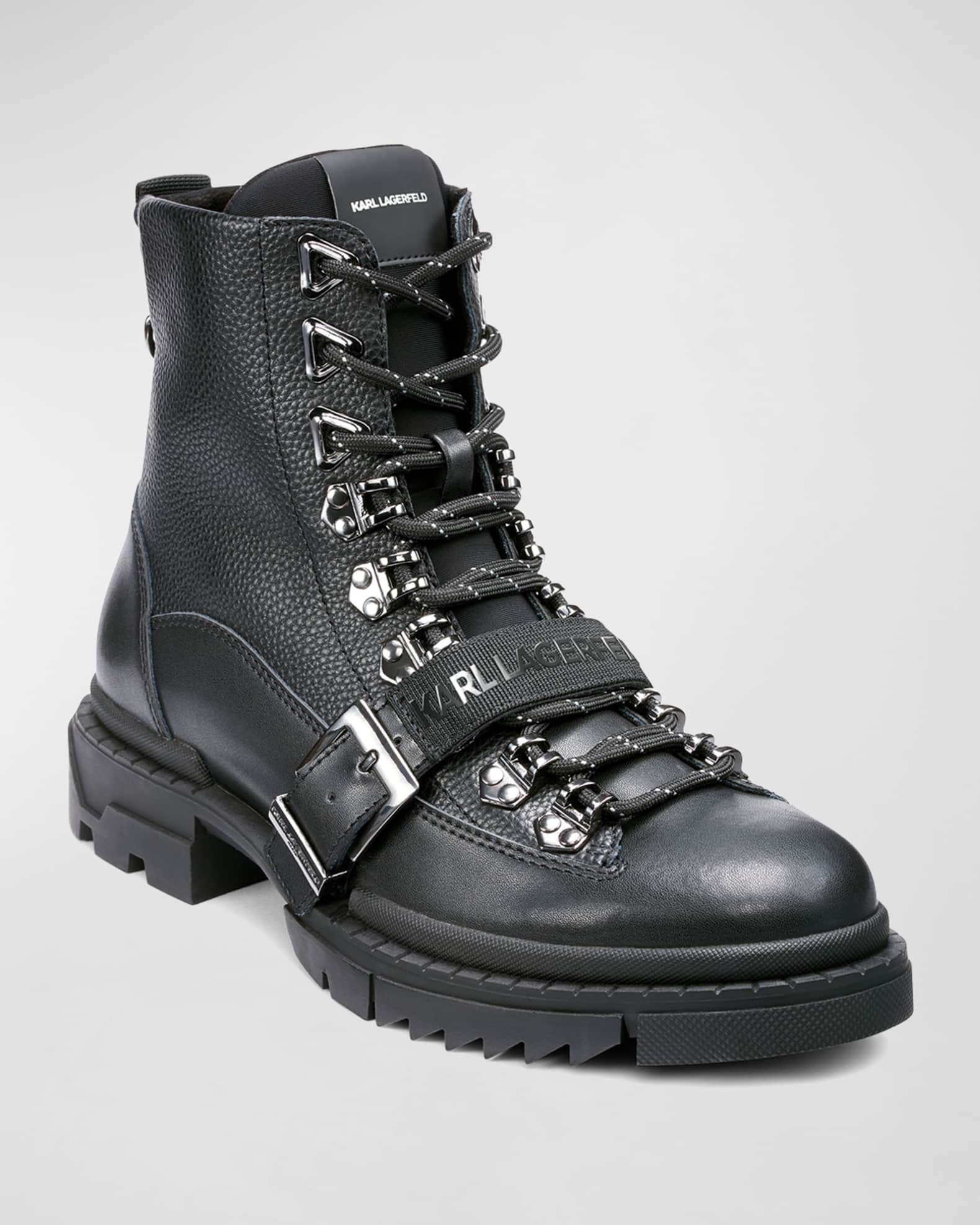 Karl Lagerfeld Paris Men s Buckle Leather Lug Sole Combat Boots