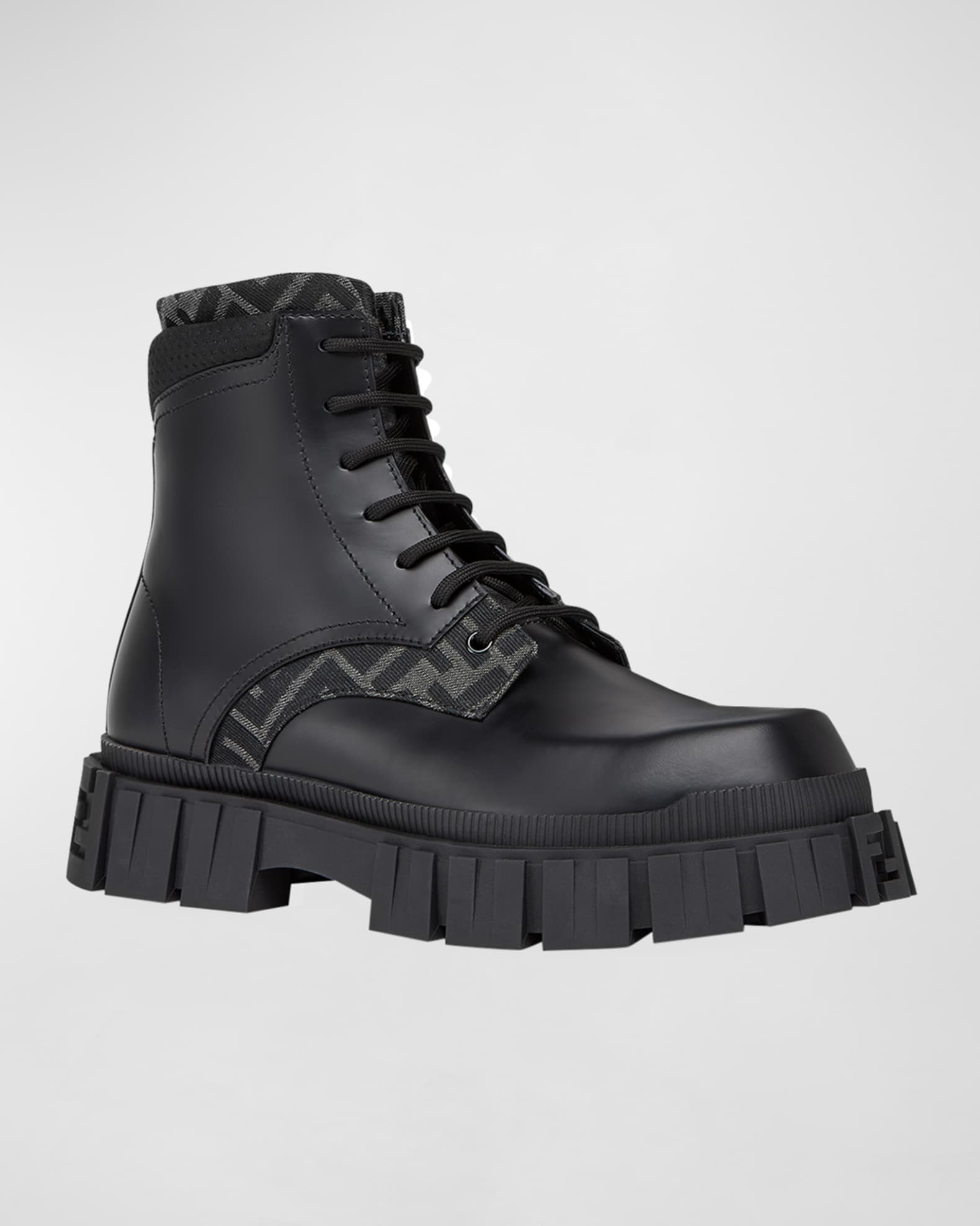 Fendi Men's Force FF Leather Lug-Sole Combat Boots | Neiman Marcus