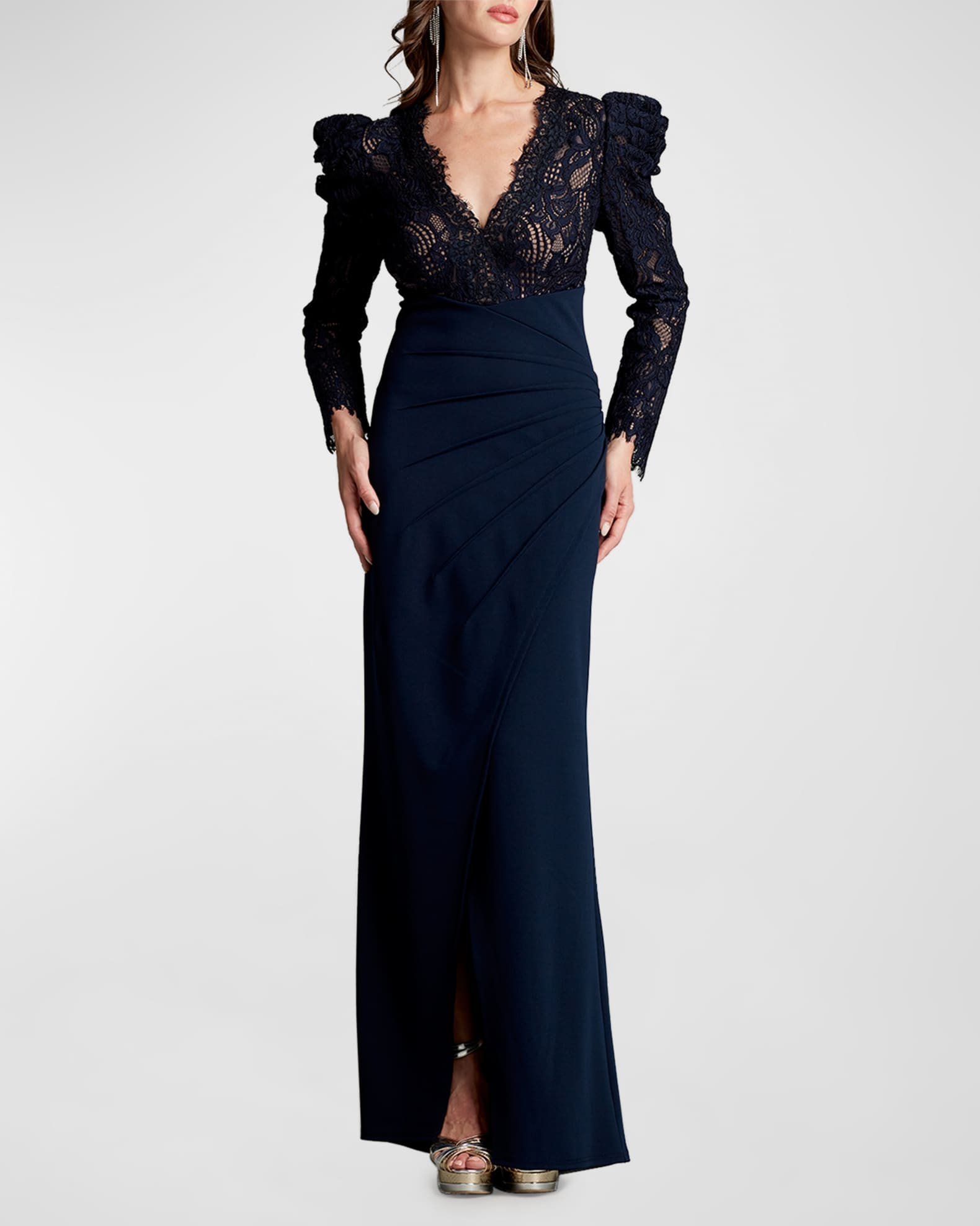 Tadashi Shoji Scallop Lace VNeck LongSleeve Crepe Gown Neiman Marcus