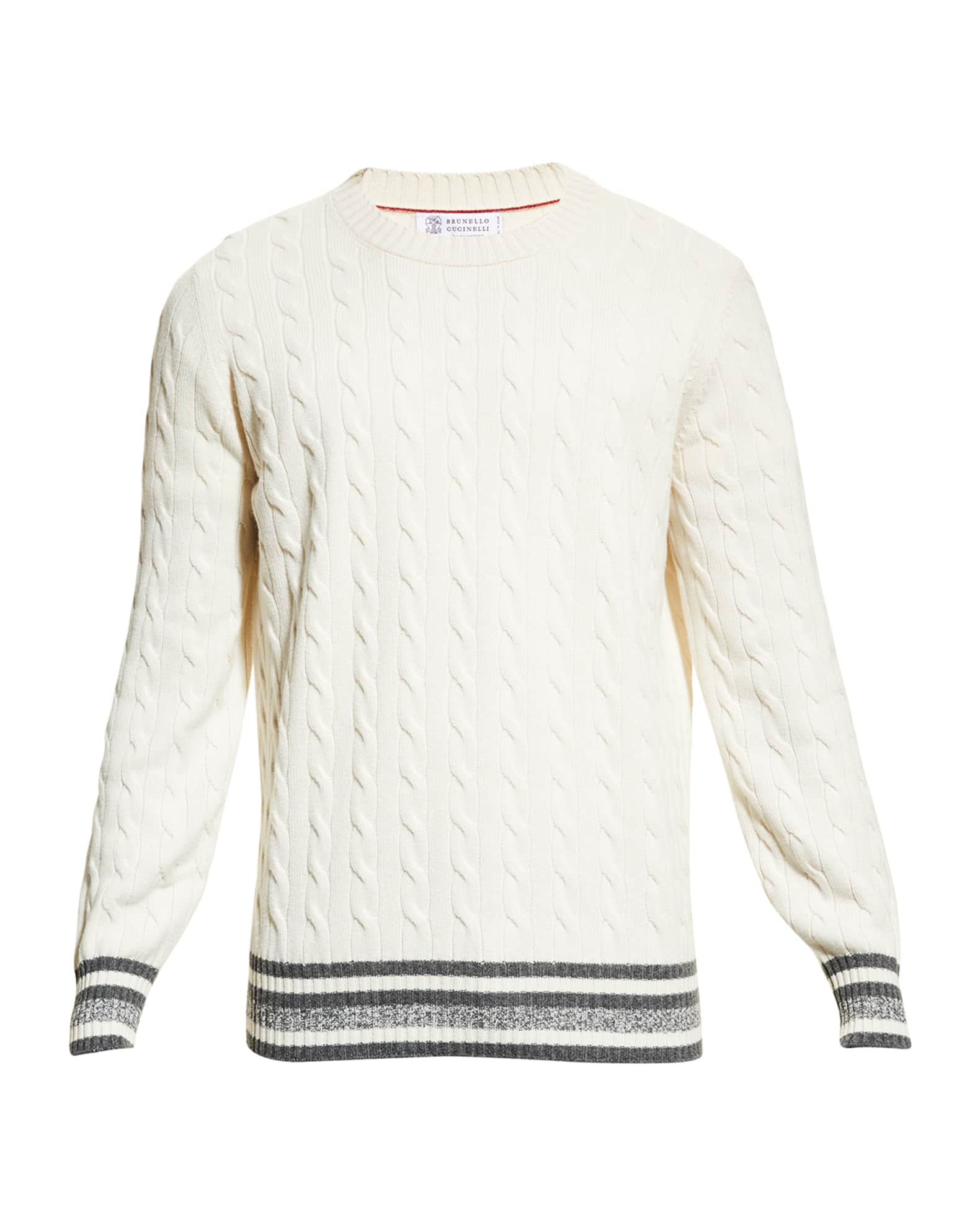 Brunello Cucinelli Men's Cable Stripe-Trim Cashmere Sweater | Neiman Marcus