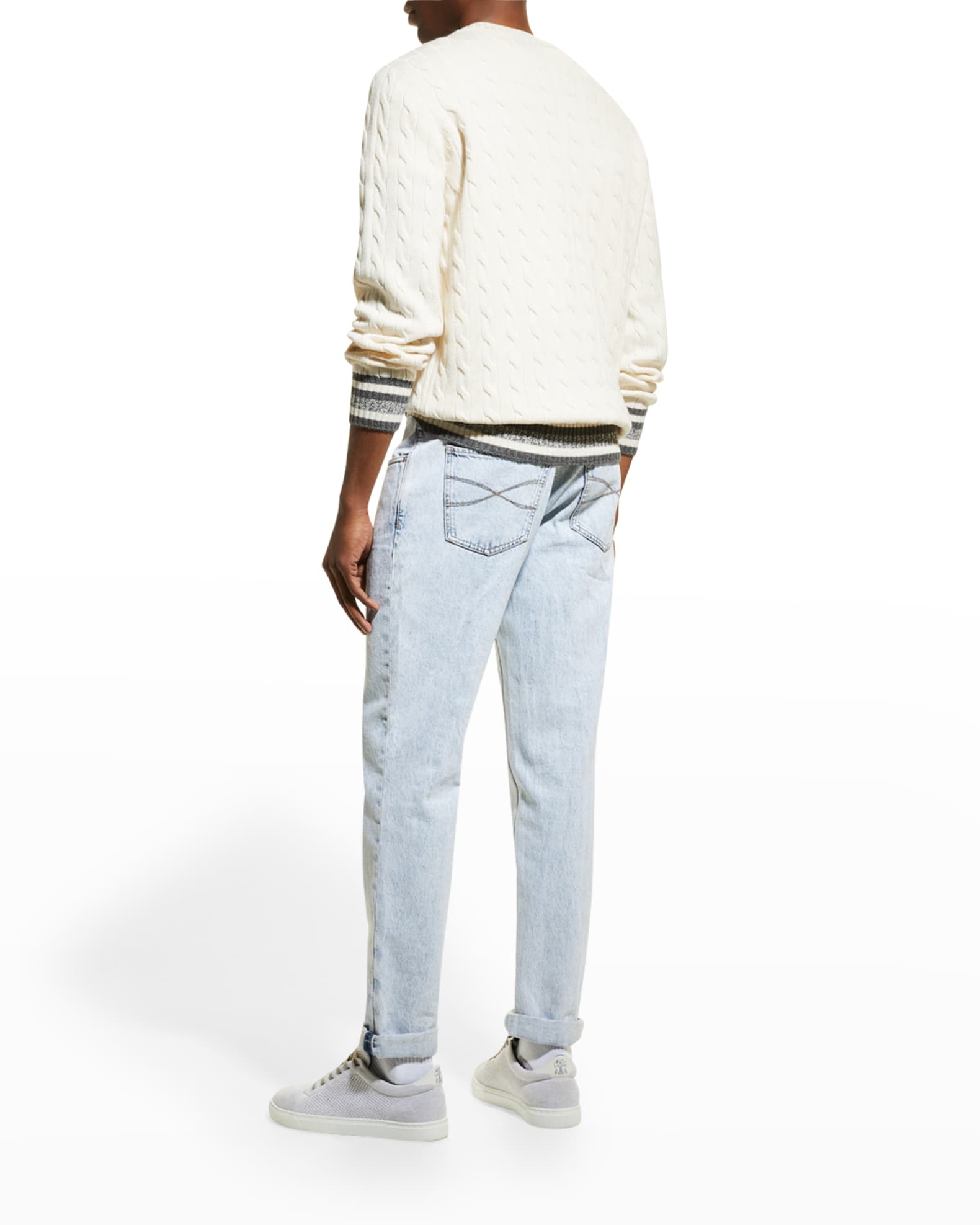 Brunello Cucinelli Men's Cable Stripe-Trim Cashmere Sweater | Neiman Marcus