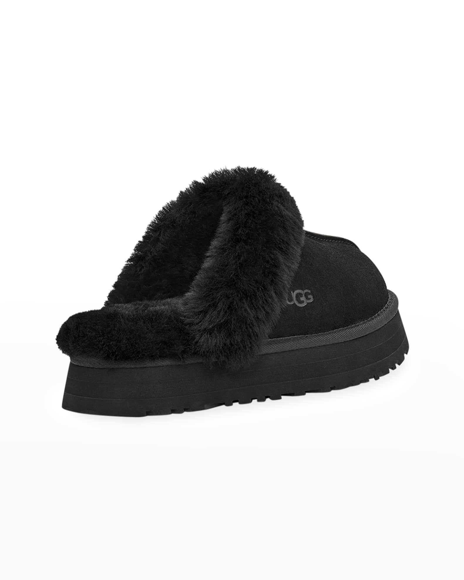 UGG Disquette Suede & Shearling Platform Slippers | Neiman Marcus