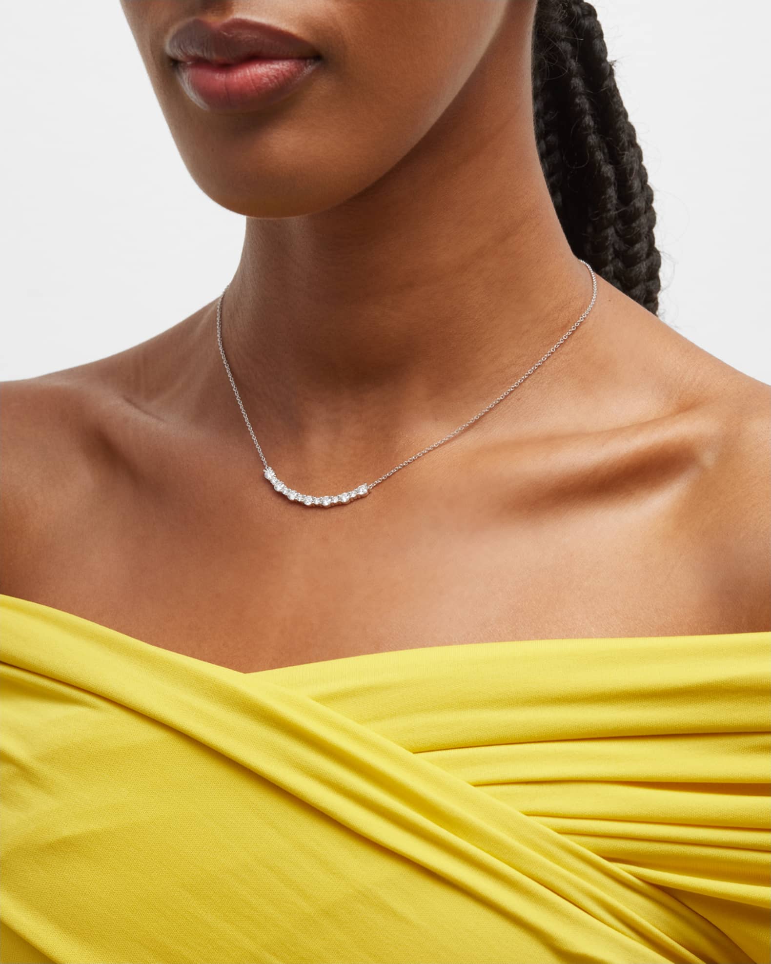 18K White Gold Round Diamond Smiley Bar Necklace, 18"L, 1.35tcw 1