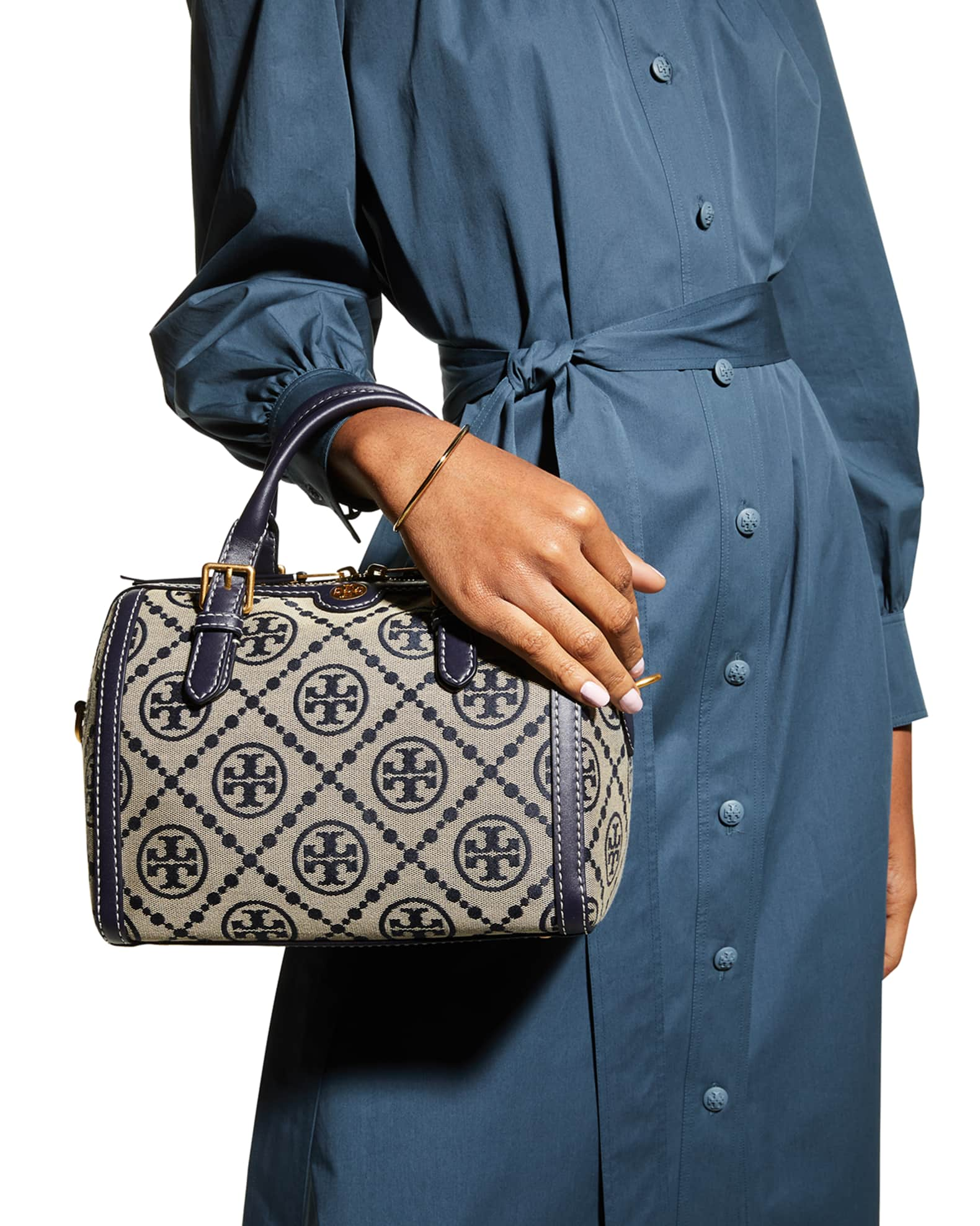 Tory Burch Tory Navy T Monogram Jacquard MINI Barrel Bag - $348