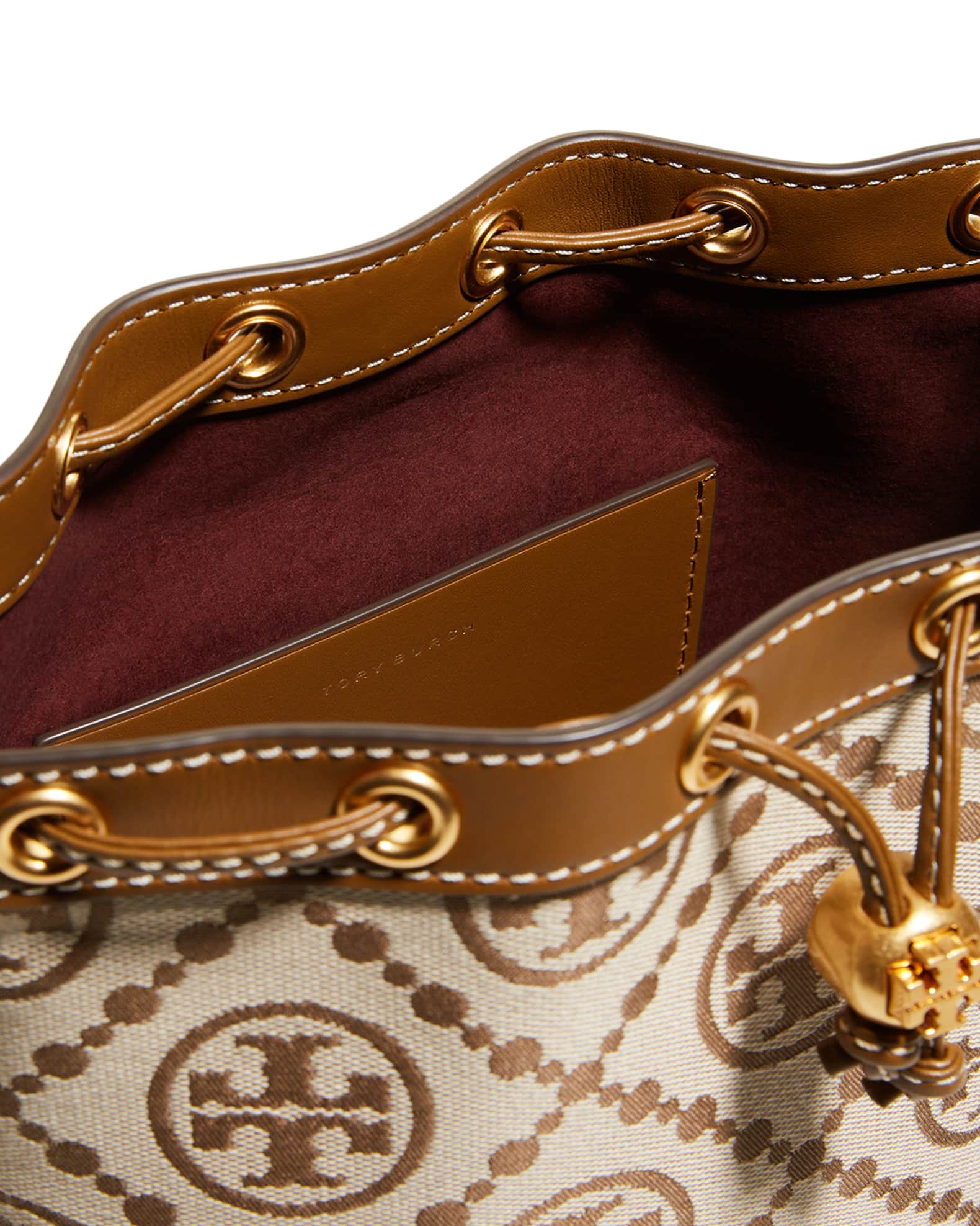 Tory Burch Hazelnut T Monogram Jacquard Leather Crossbody Bucket Bag $498