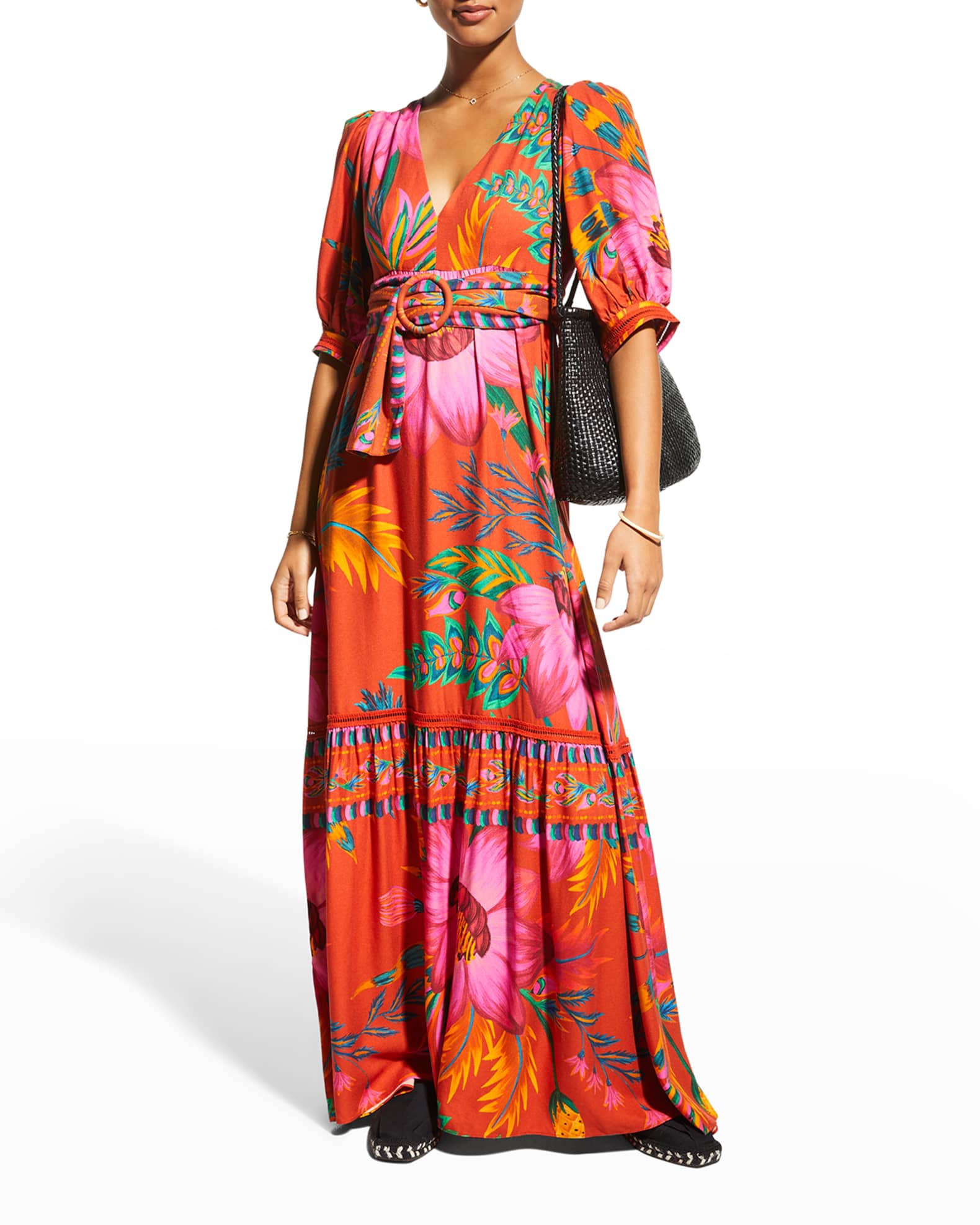 Farm Rio Maxi Flowers V-Neck Maxi Dress | Neiman Marcus