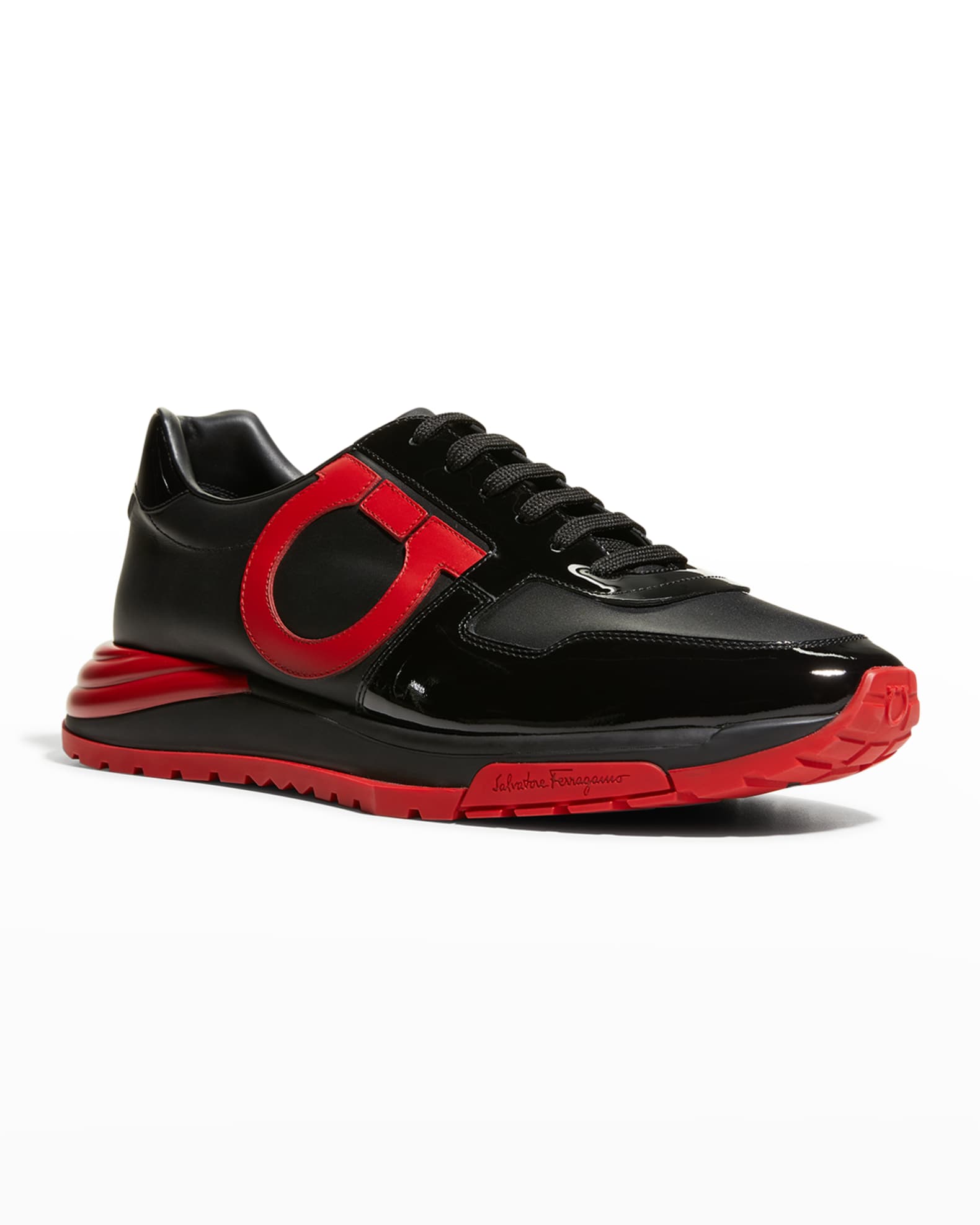 Salvatore Ferragamo Men's Brooklyn Gancio Patent Trainer Sneakers ...