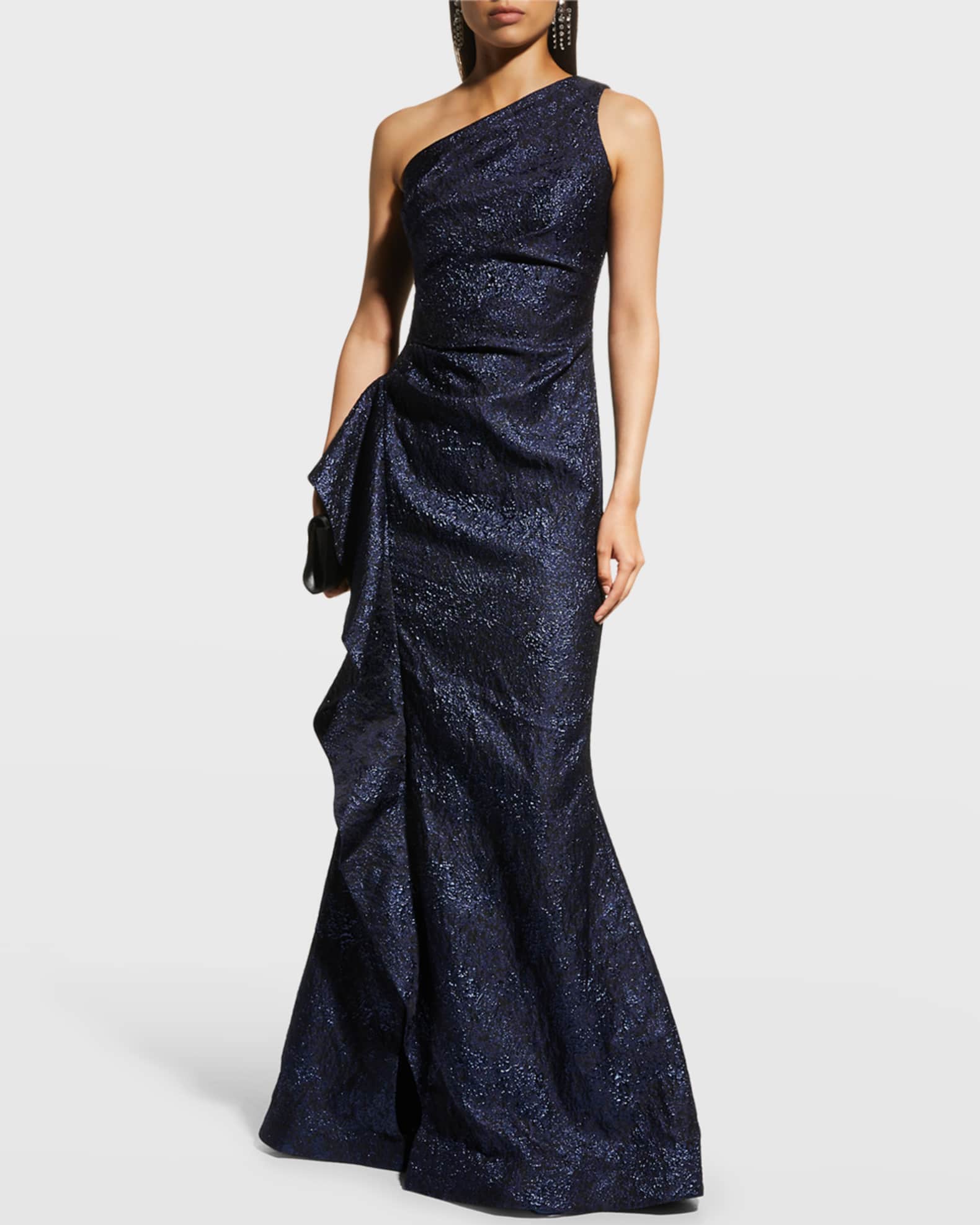 Rickie Freeman for Teri Jon One-Shoulder Jacquard Side-Ruffle Gown | Neiman  Marcus