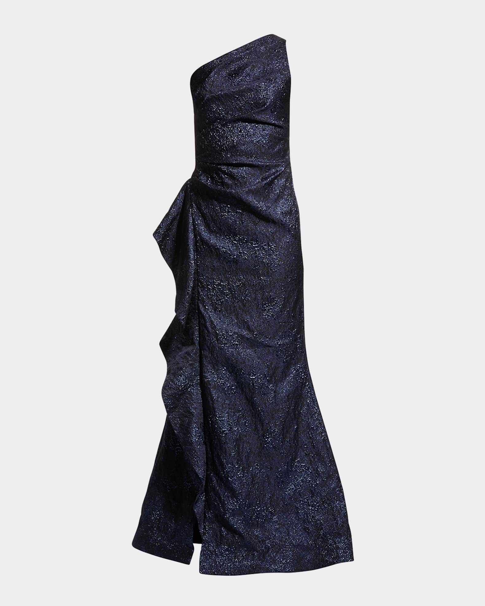 Rickie Freeman for Teri Jon One-Shoulder Jacquard Side-Ruffle Gown | Neiman  Marcus