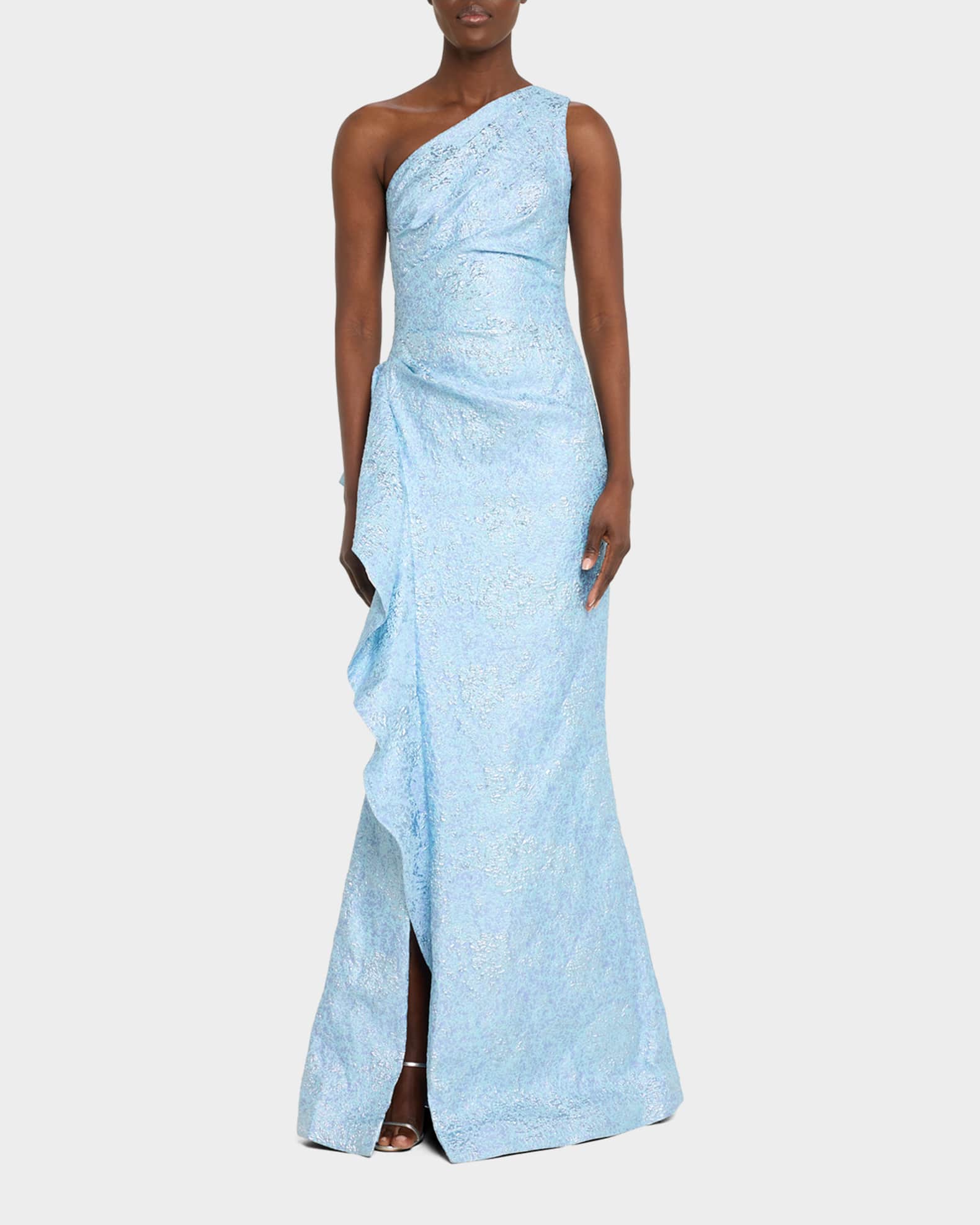 One-Shoulder Jacquard Side-Ruffle Gown | Neiman Marcus