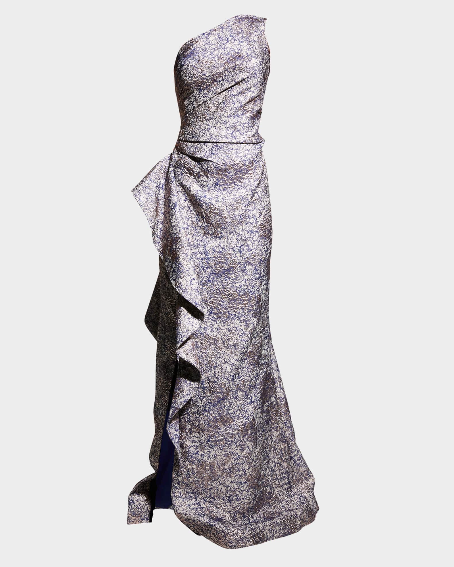 One-Shoulder Jacquard Side-Ruffle Gown 0