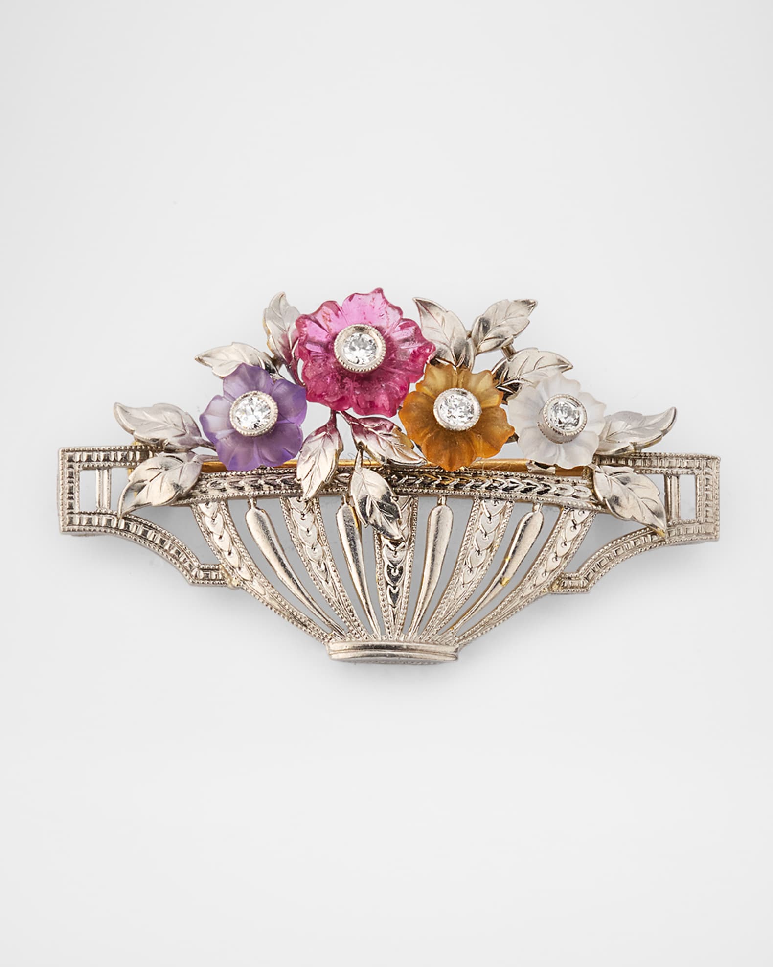 Estate Platinum and 14K Gold Carved Mixed-Stone Flower Basket Brooch with Diamonds 0