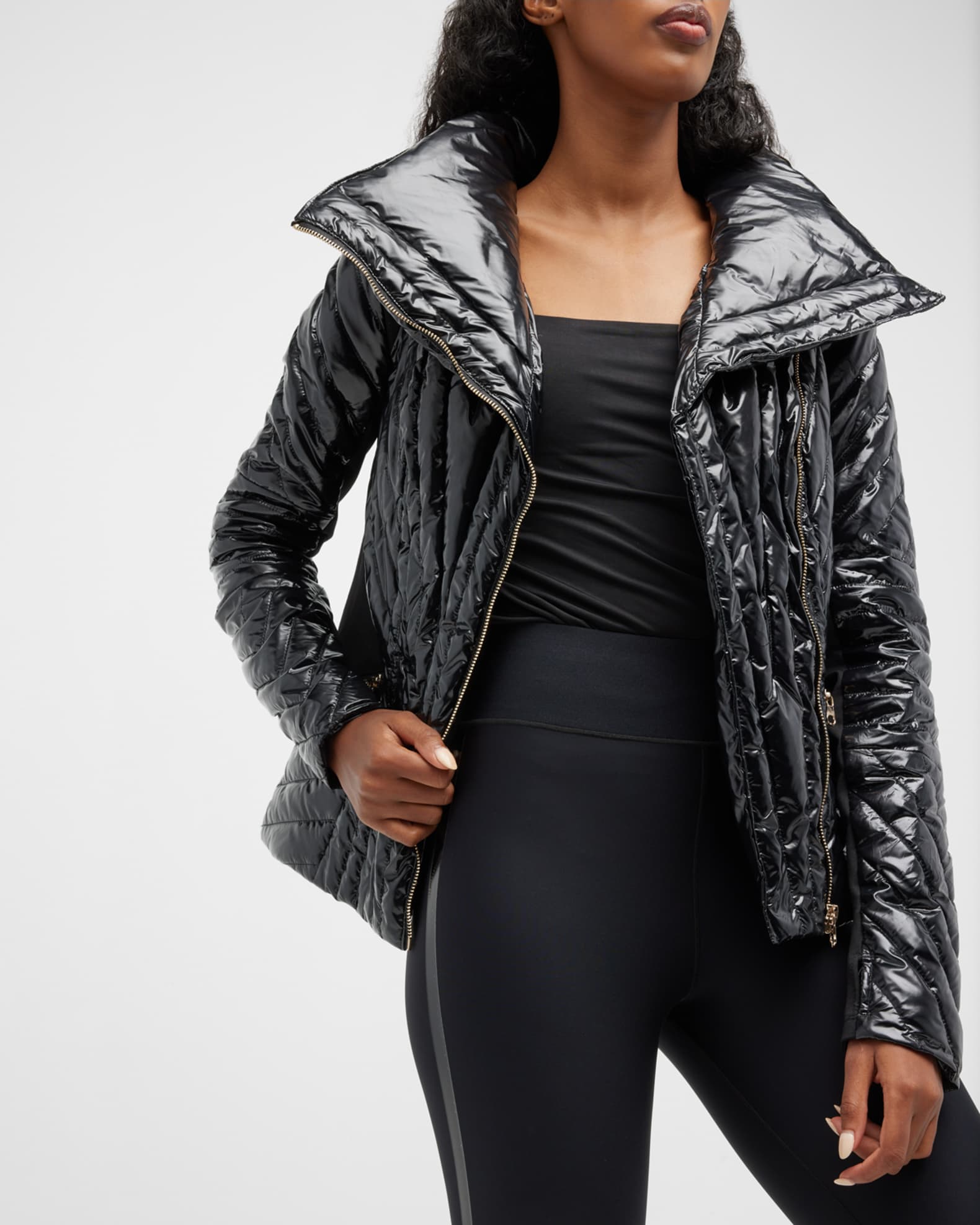 Hooded motion panel quilted down jacket clearance