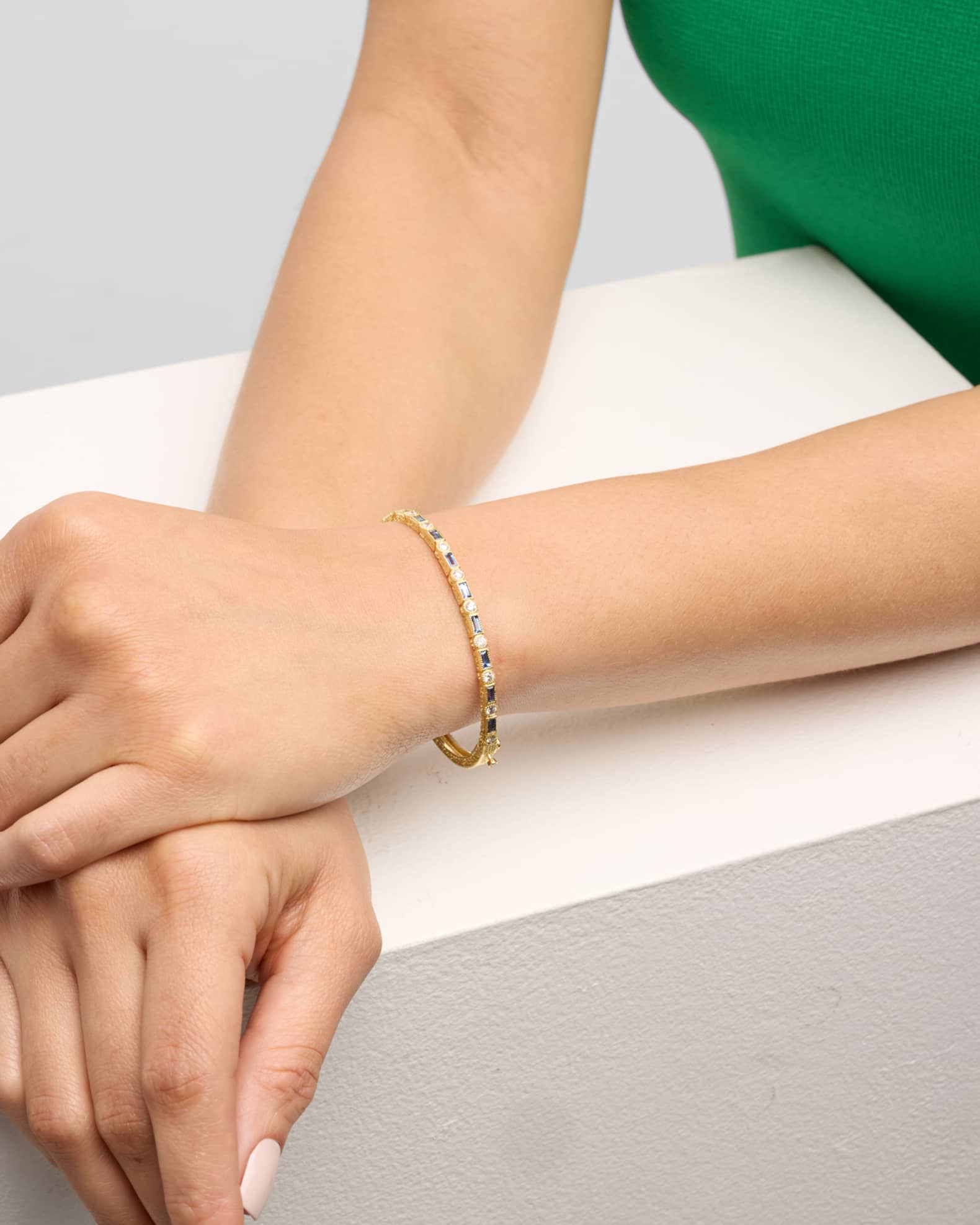 18K Yellow Gold Bangle Bracelet with Blue Sapphires and Diamonds  1