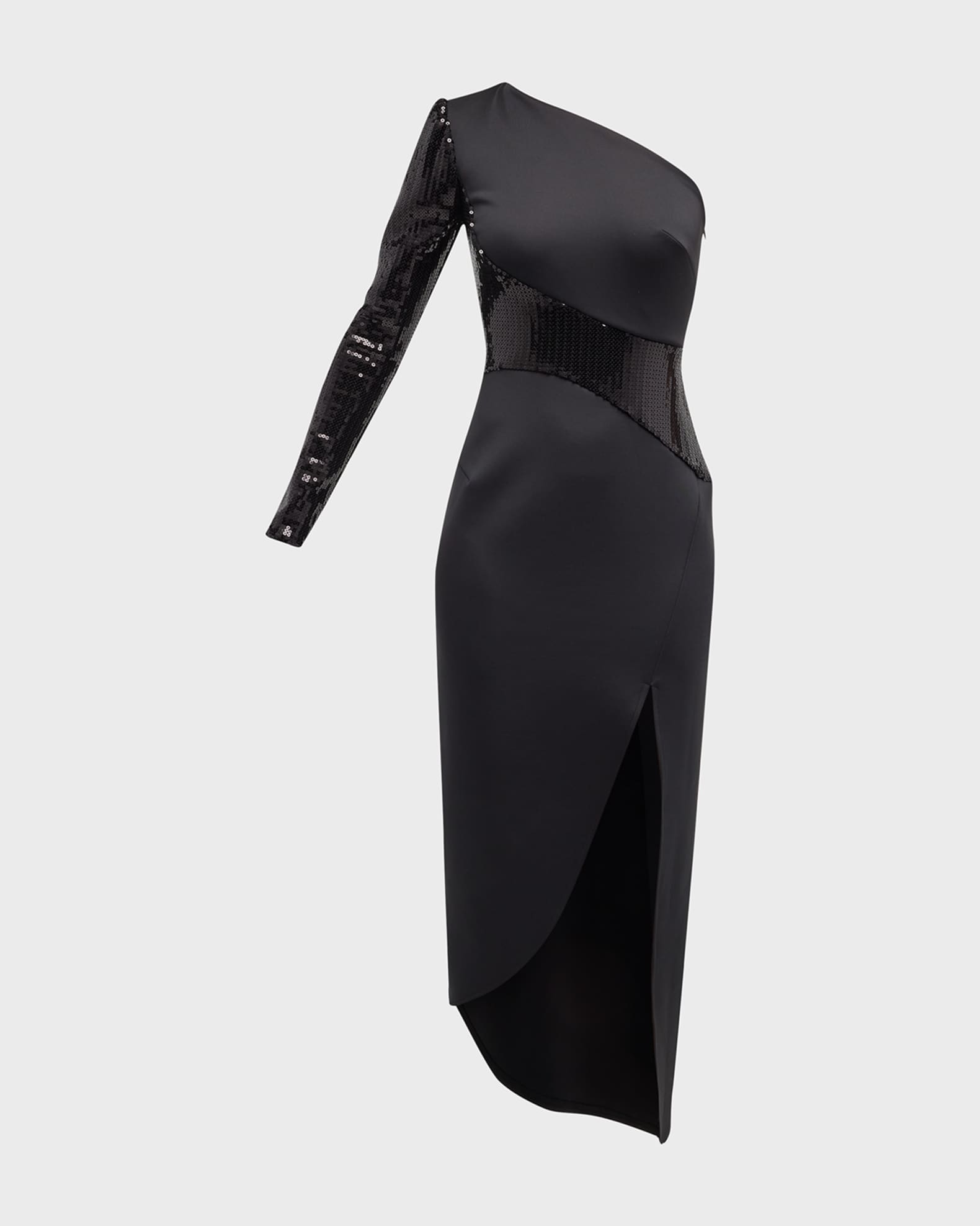 SHO Sequin-Sleeve One-Shoulder Slit Dress | Neiman Marcus