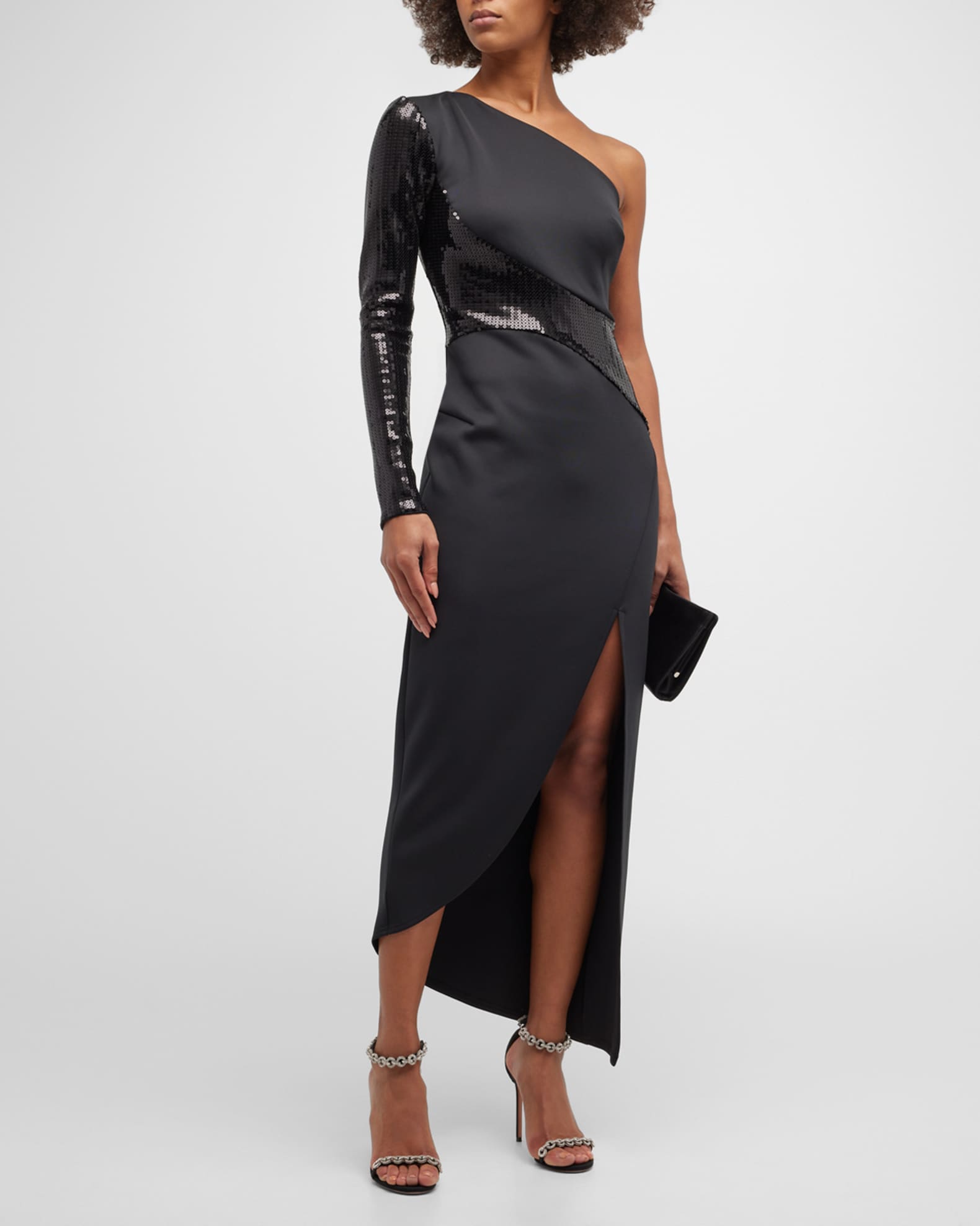 SHO SequinSleeve OneShoulder Slit Dress Neiman Marcus