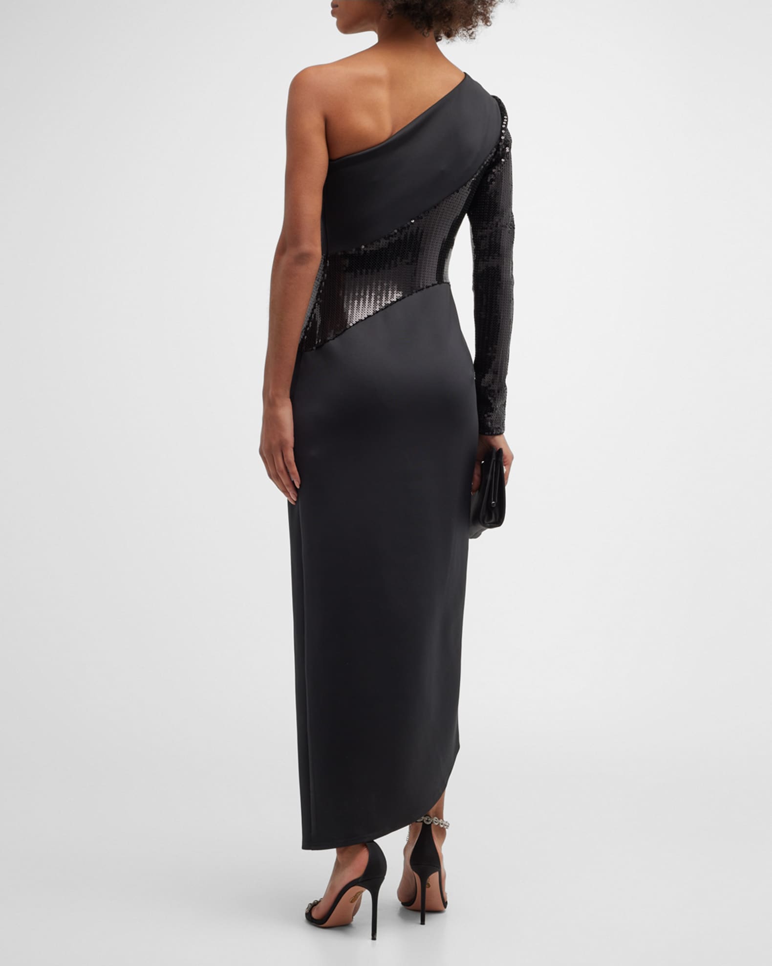 SHO Sequin-Sleeve One-Shoulder Slit Dress | Neiman Marcus