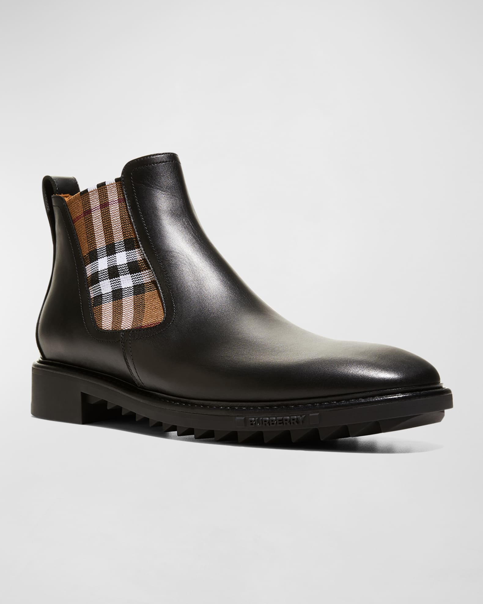 Burberry - Leather Check Boots, Men, Black