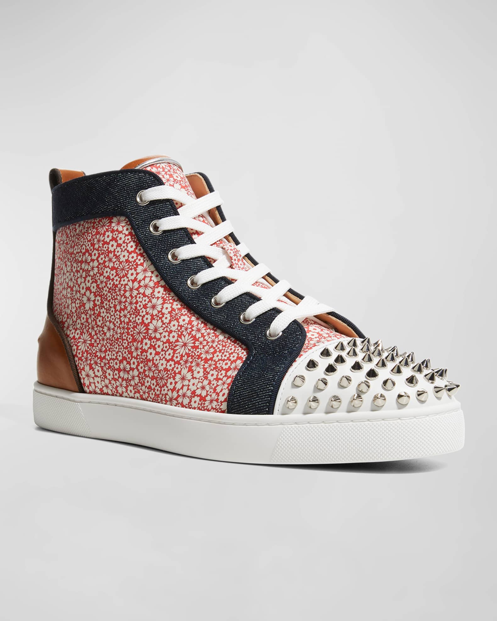 Christian Louboutin Men's Spike Floral-Print Denim High-Top Sneakers ...