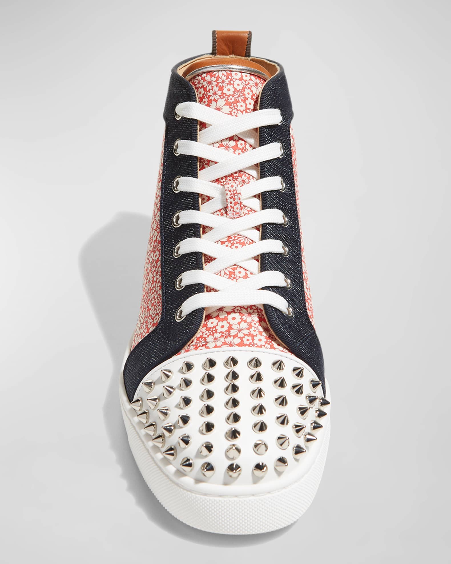 Christian Louboutin Men's Spike Floral-Print Denim High-Top Sneakers