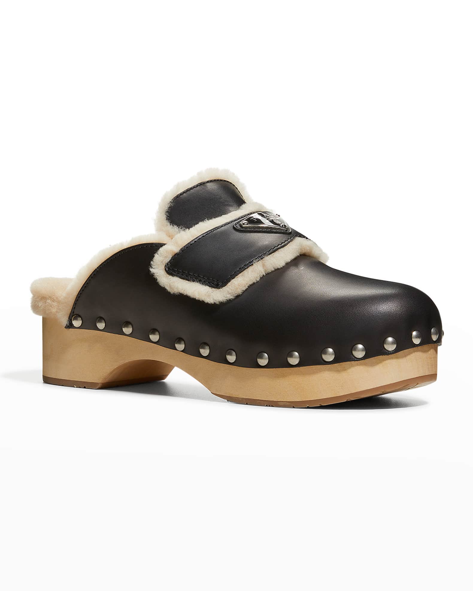 prada shearling lined leather clogs