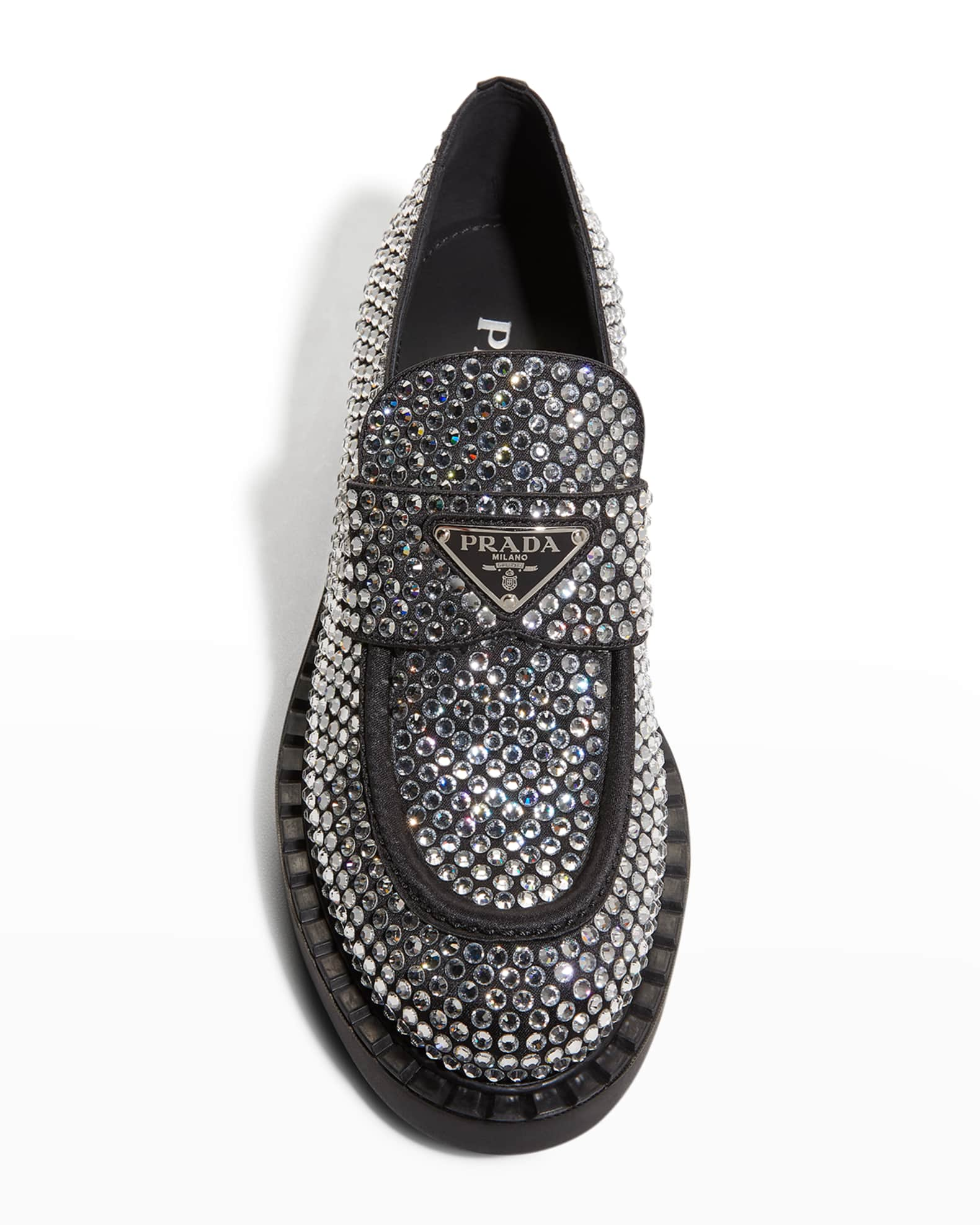 Prada Crystal Logo Flat Loafers | Neiman Marcus