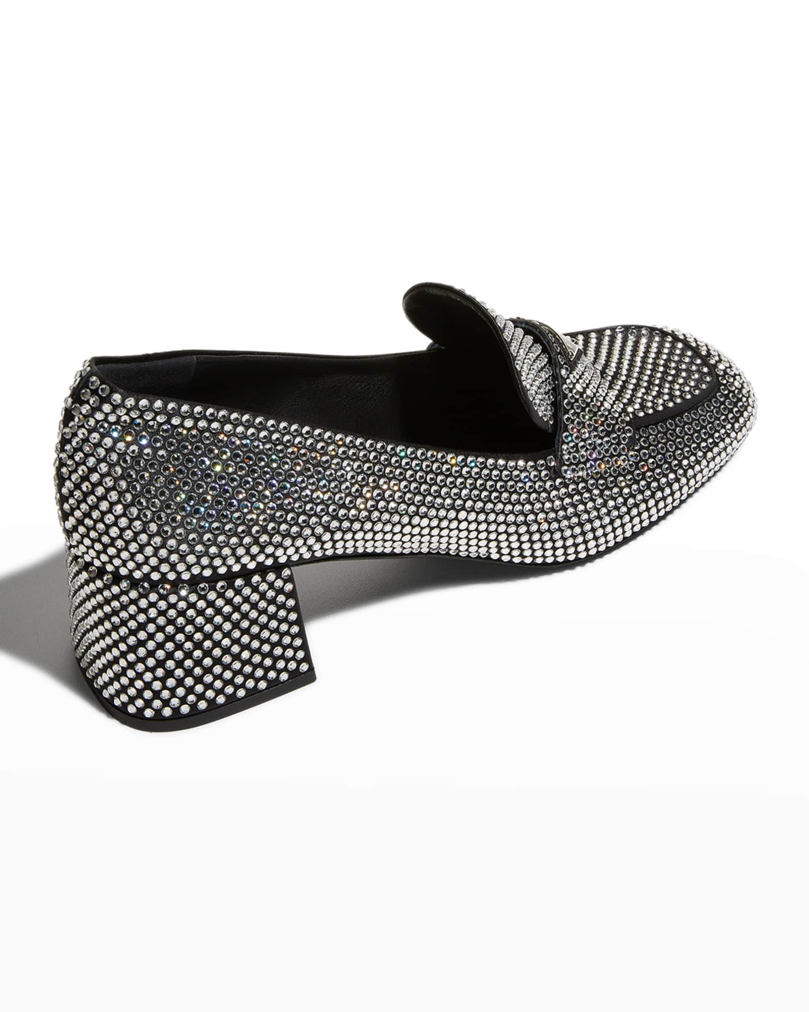 Prada Crystal Logo Block-Heel Loafers | Neiman Marcus