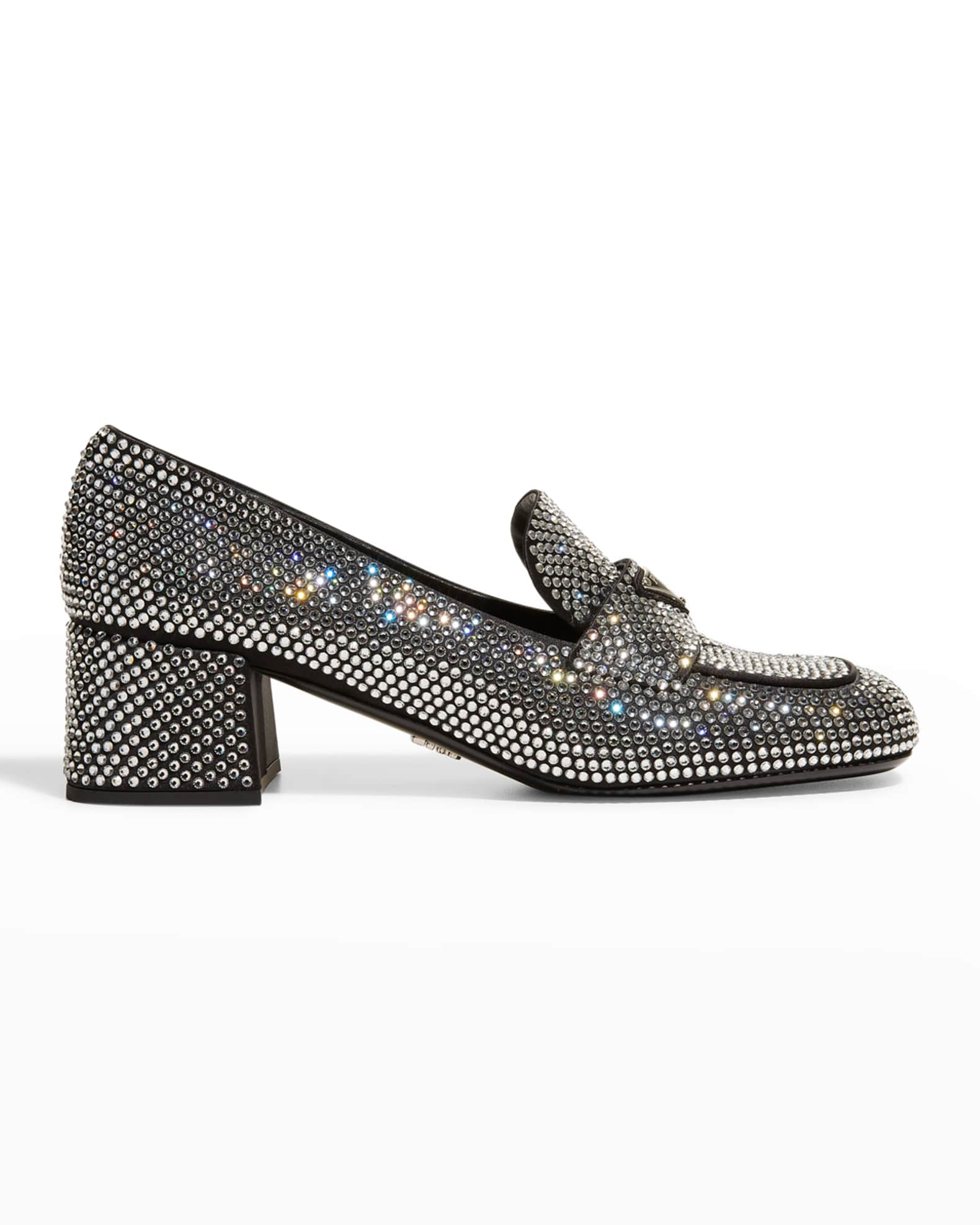 Prada Crystal Logo Block-Heel Loafers | Neiman Marcus