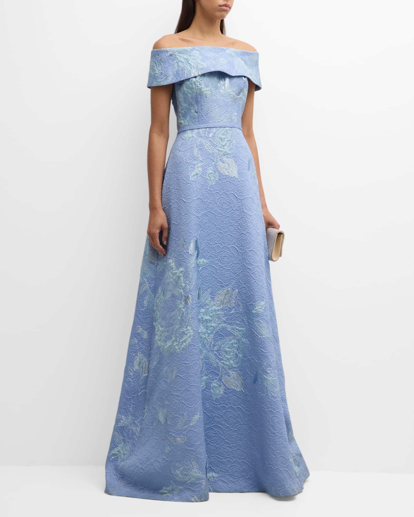 Rickie Freeman for Teri Jon Off-Shoulder Metallic Flower Jacquard