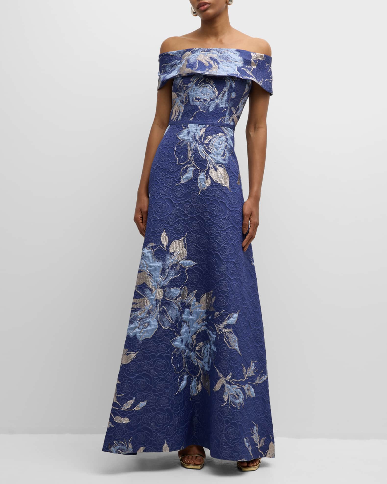 Off-Shoulder Metallic Flower Jacquard Gown - Thumbnail 2