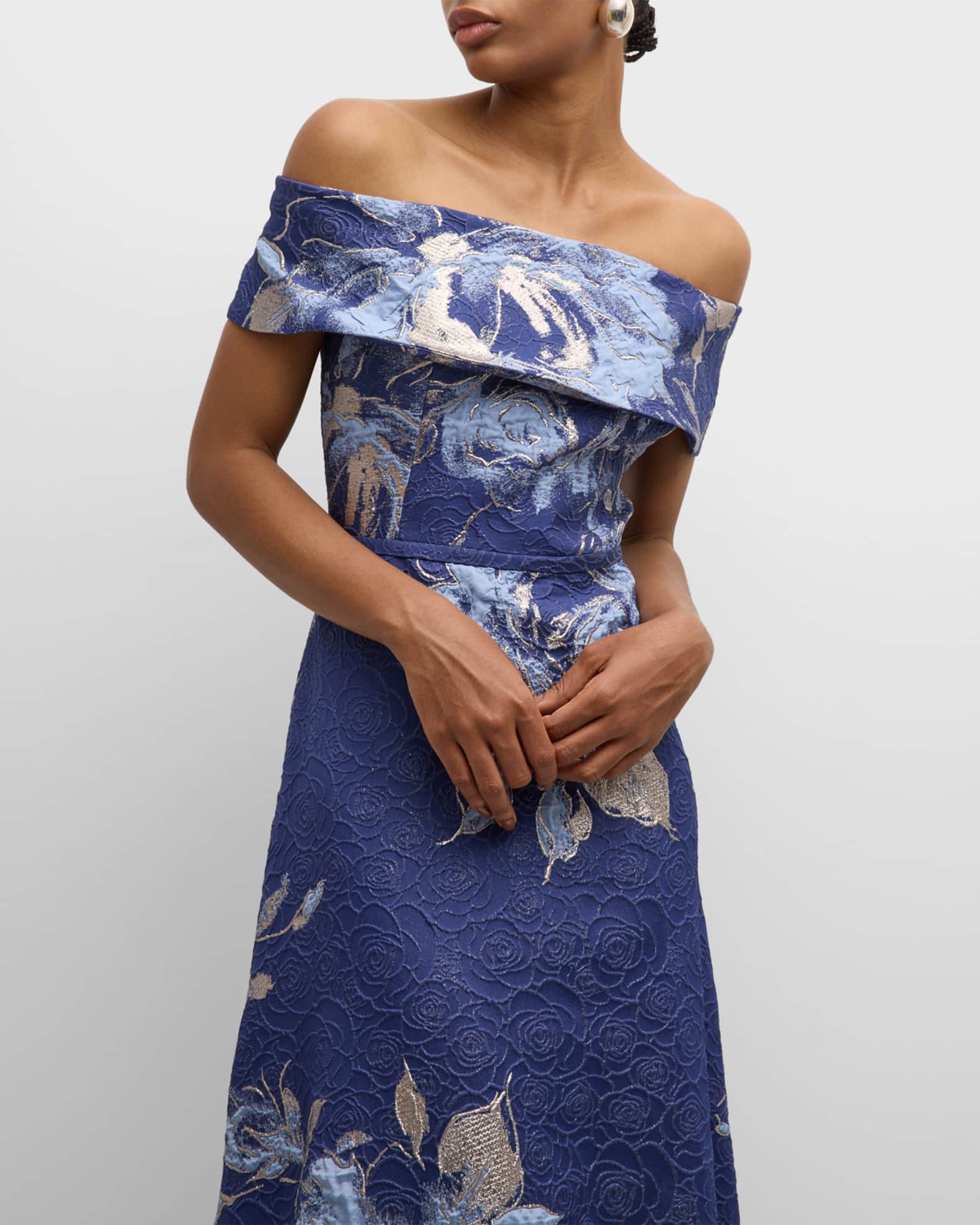 Rickie Freeman for Teri Jon Off-Shoulder Metallic Flower