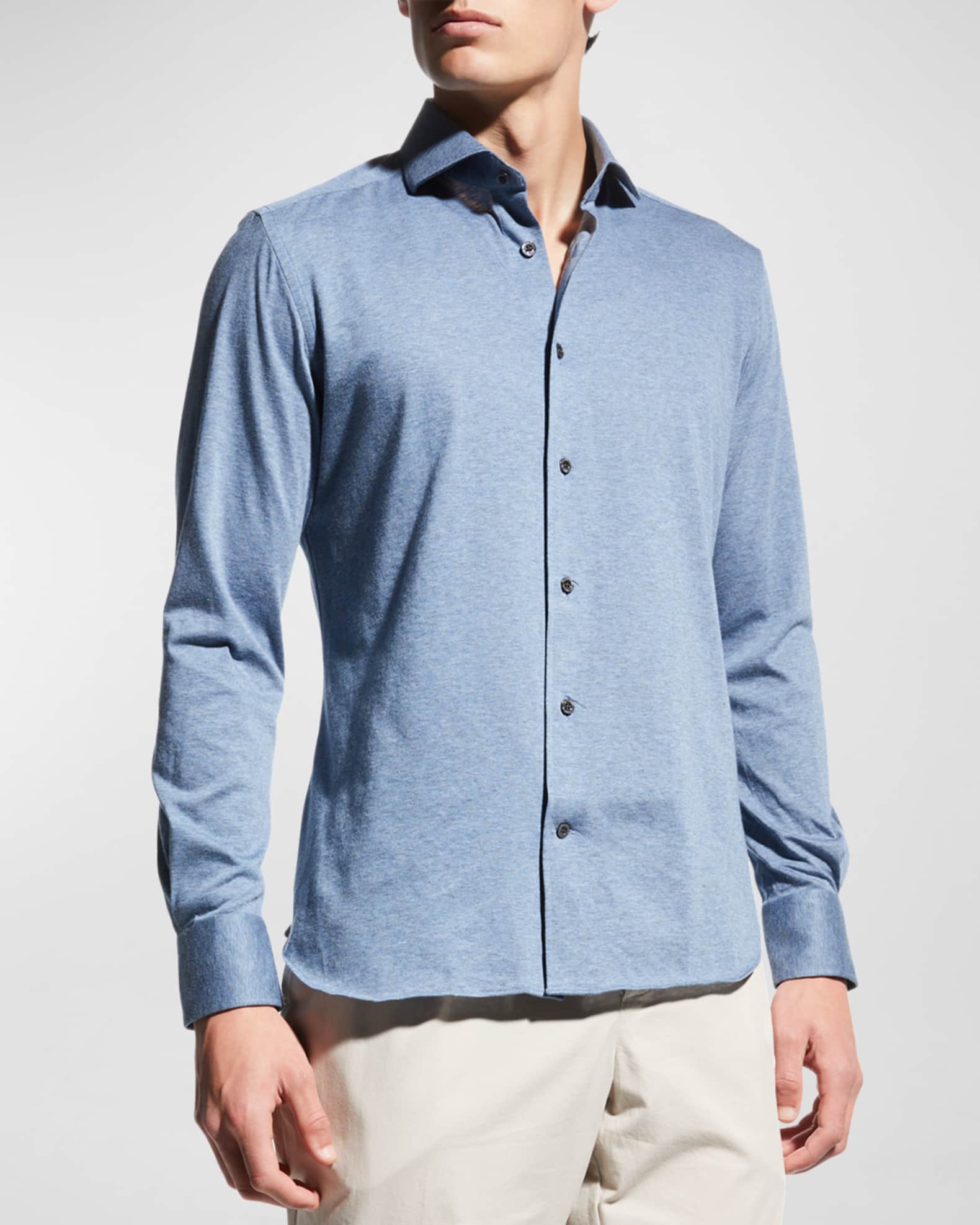 Corneliani Men's Brushed Jersey Sport Shirt, Light Blue Solid, Men's, 17, Shirts Tops Casual Button Down Sport Shirts