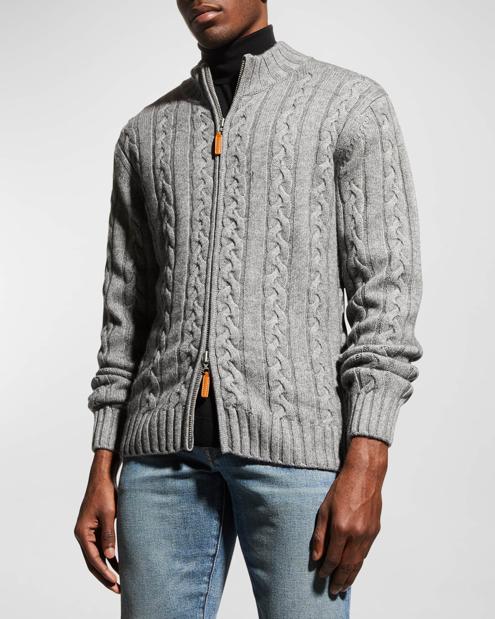 Neiman Marcus Men's Merino Wool-Cashmere Full-Zip Cable Sweater