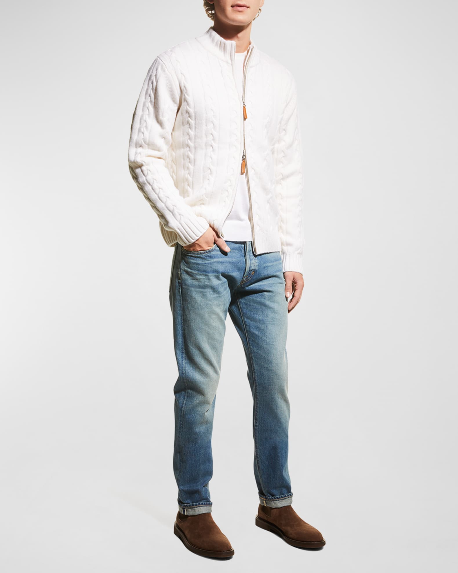 Men's Merino Wool-Cashmere Full-Zip Cable Sweater 1