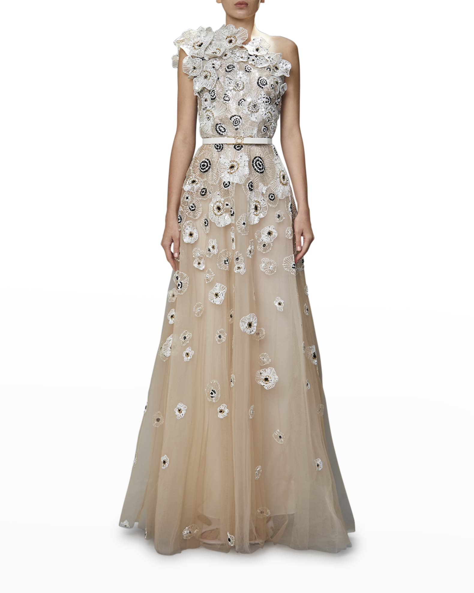 Elie Saab Floral Applique One-Shoulder Gown | Neiman Marcus