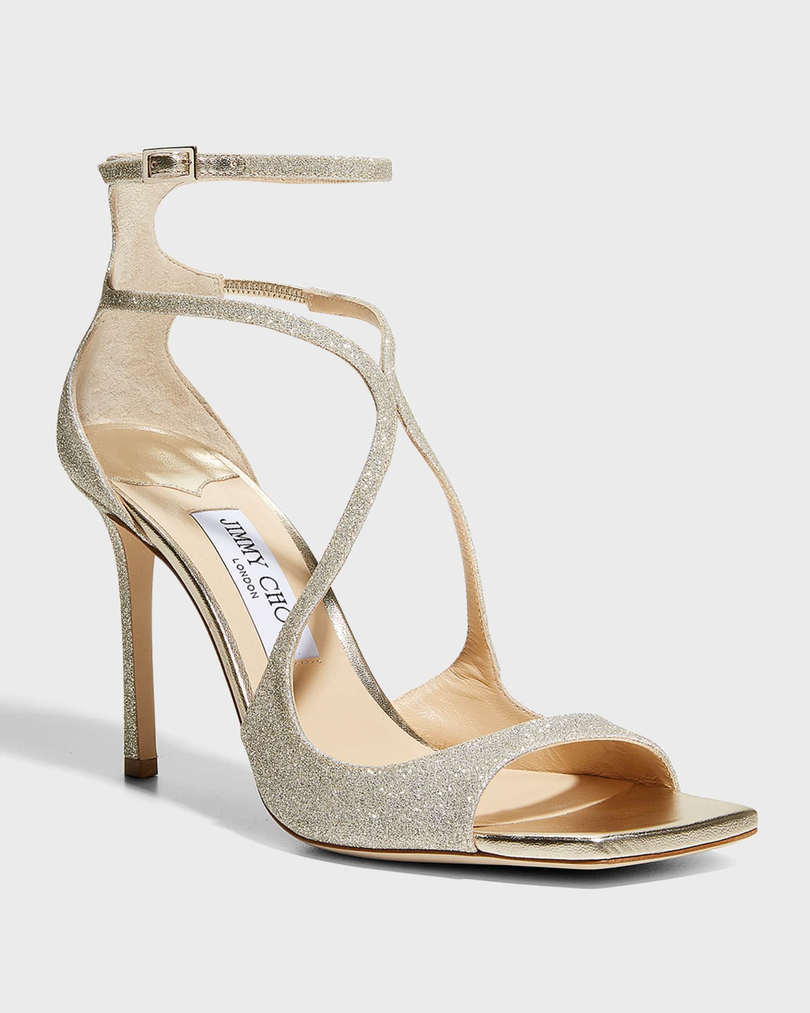 サンダル・ミュール Jimmy Choo GLITTER LEATHER AZIA 75 (AZIA75 GLE CHAMPAGNE) JIMMY CHOO Azia 75 Champagne Glitter Leather Sandals