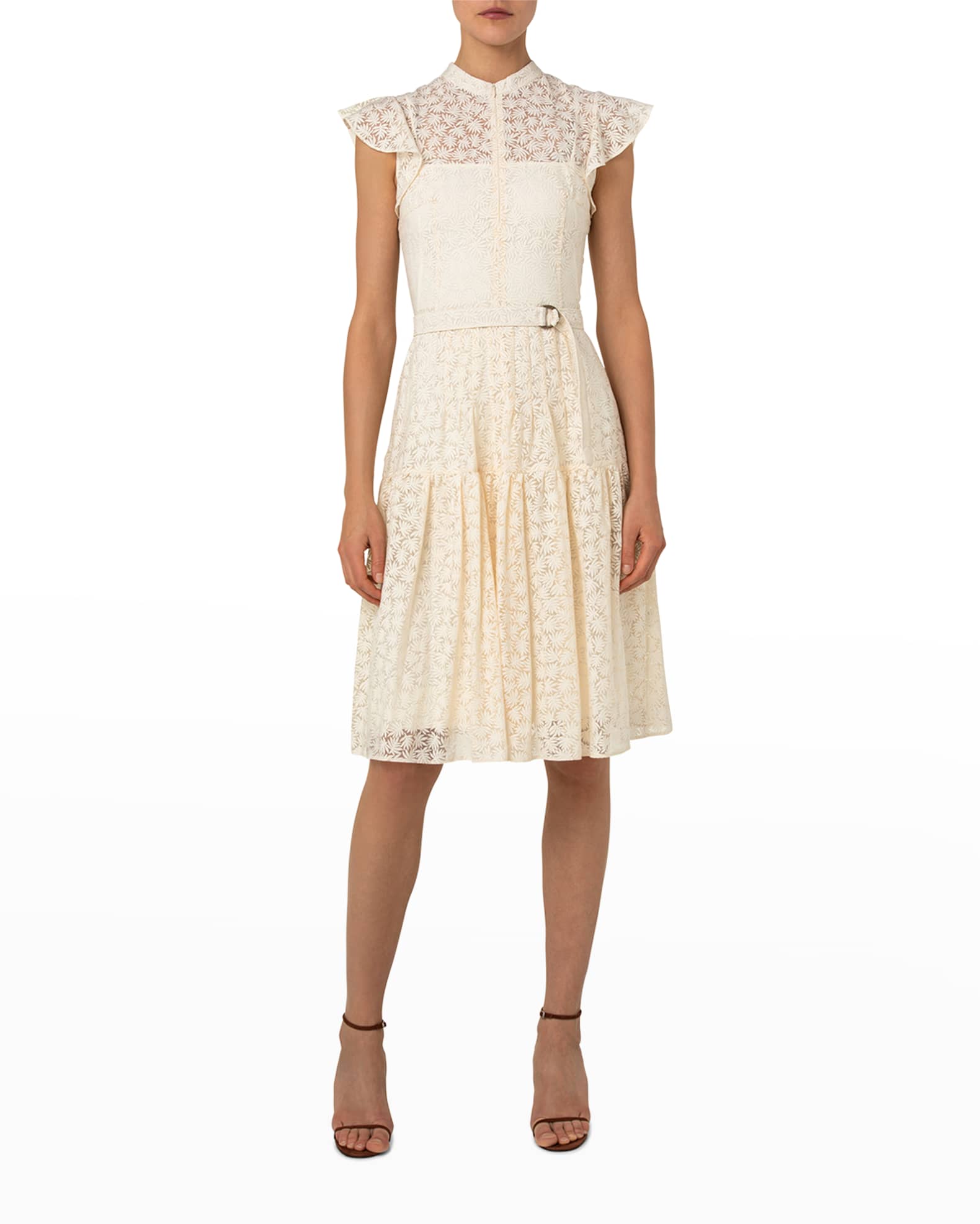 Akris punto Belted Palm Leaves-Lace Organdy Fit-&-Flare Dress
