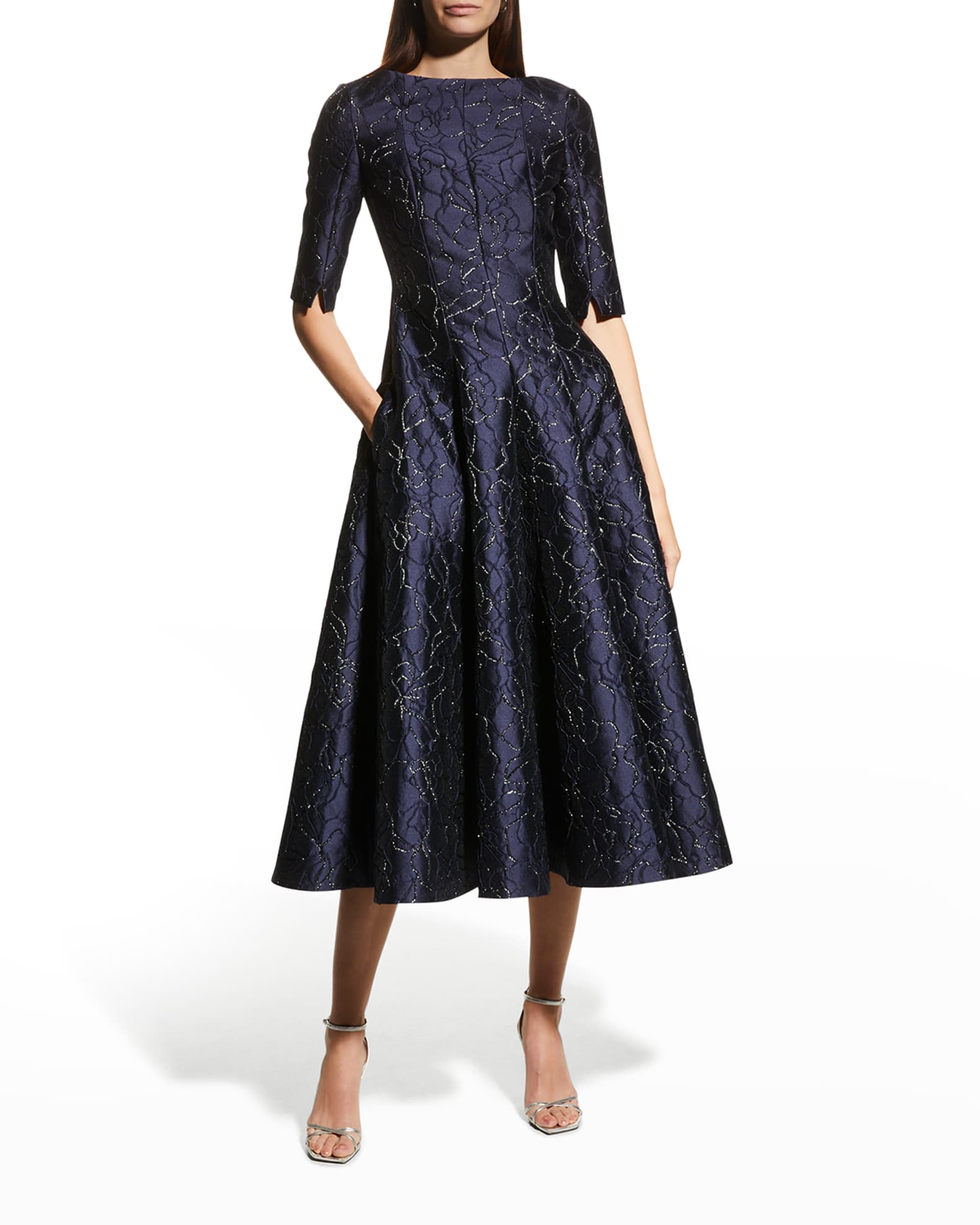 Talbot Runhof Metallic Floral Jacquard Midi Dress | Neiman Marcus
