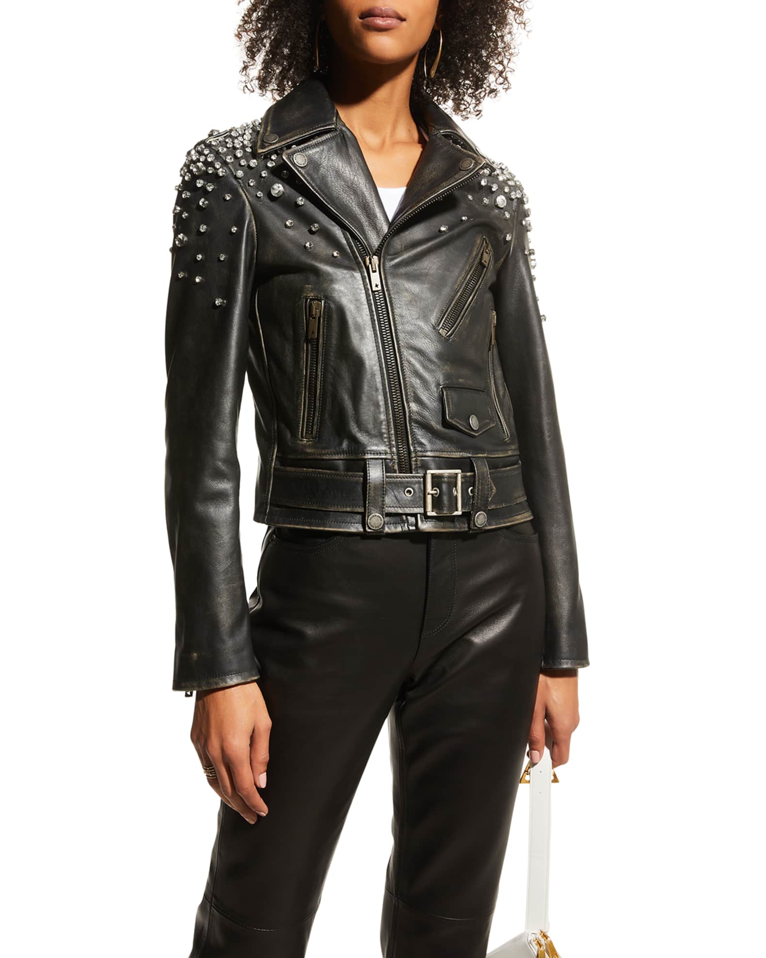 Women's distressed leather biker jacket with animal print