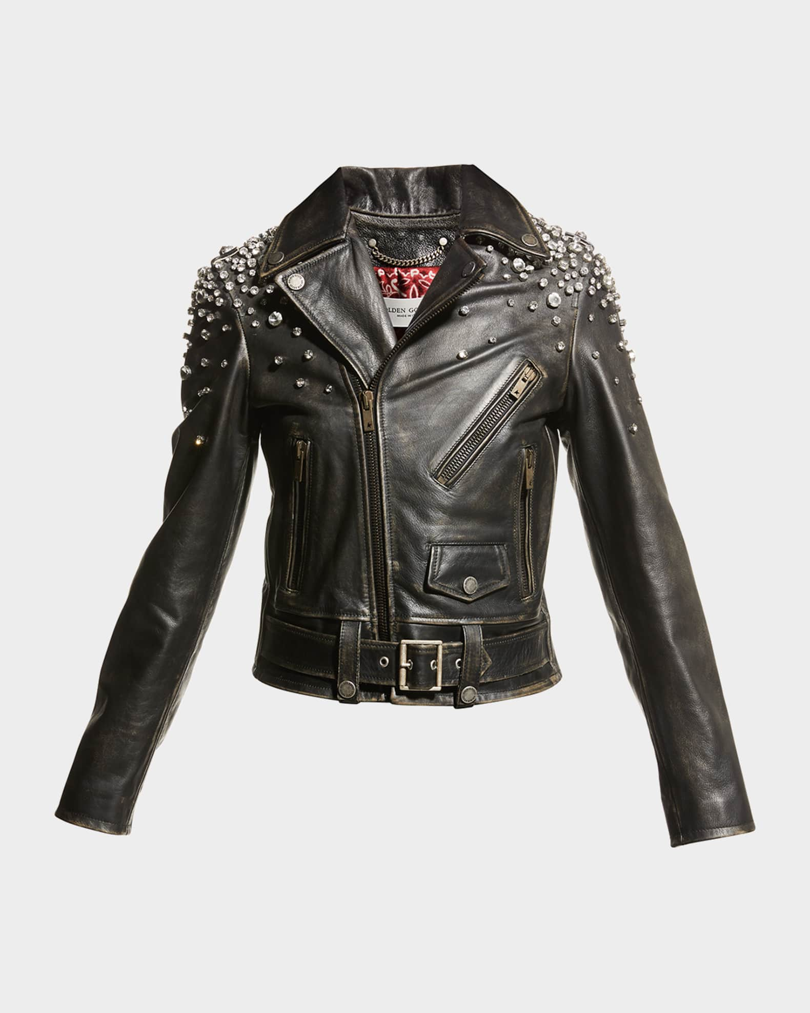 Golden Distressed Leather Jacket with Crystals