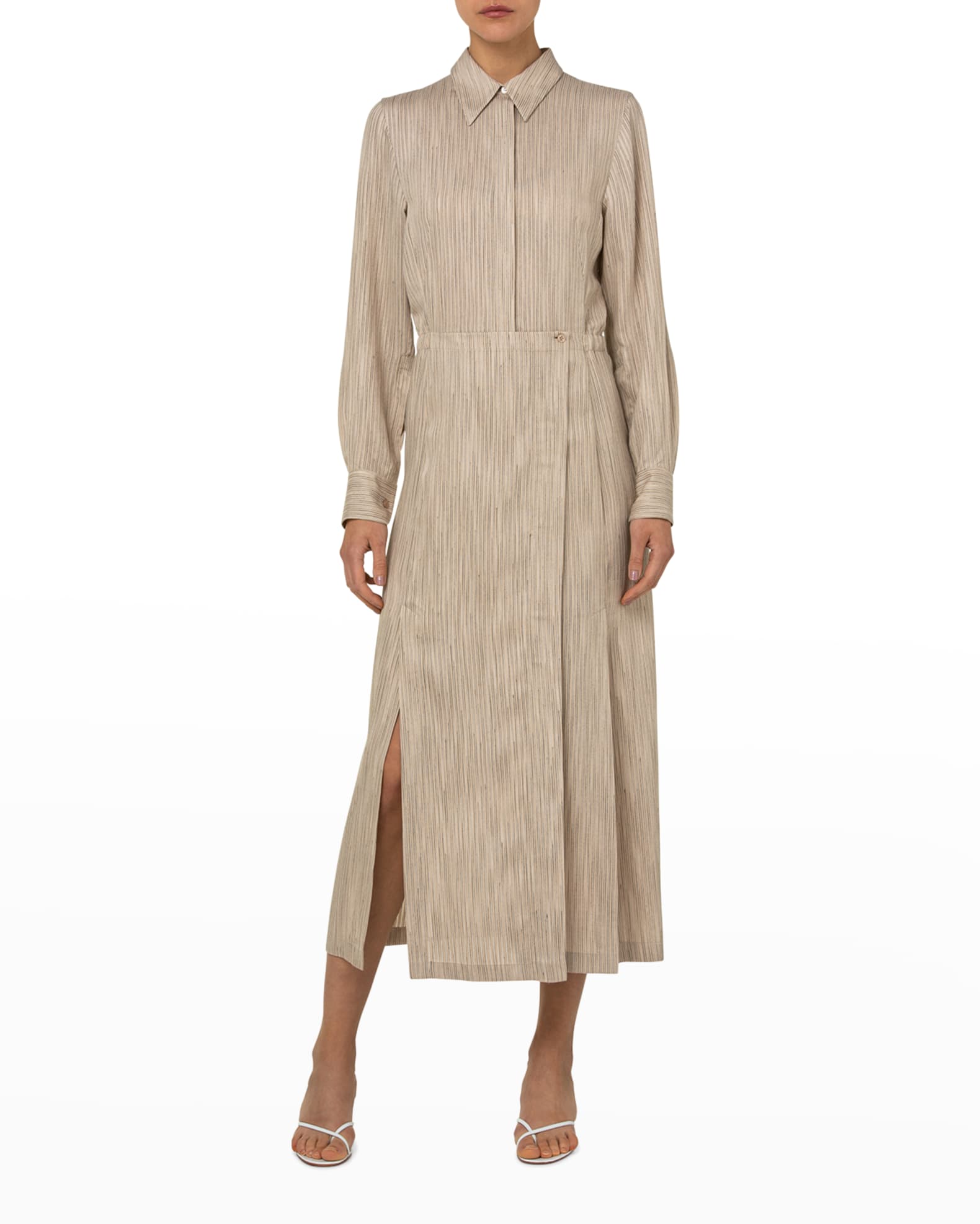 Akris Striped Woven Long-Sleeve Midi Dress | Neiman Marcus
