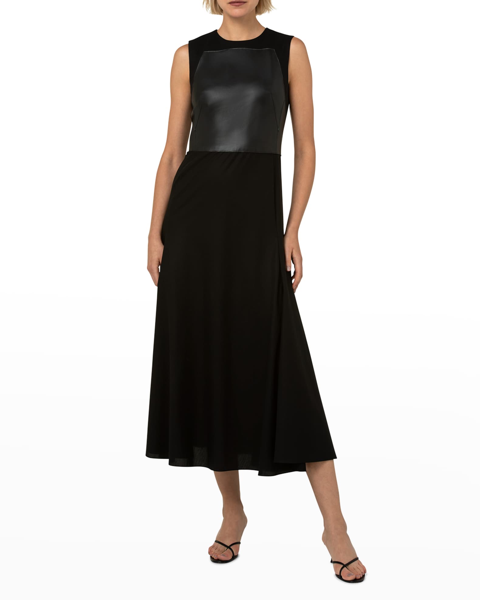Akris Leather Trapezoid Bodice Flared Midi Dress | Neiman Marcus
