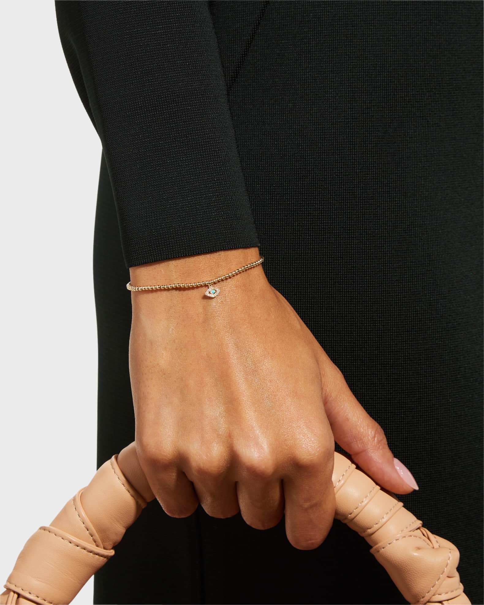 2mm Gold Bead Bracelet with Diamond Bezel Evil Eye Charm 1