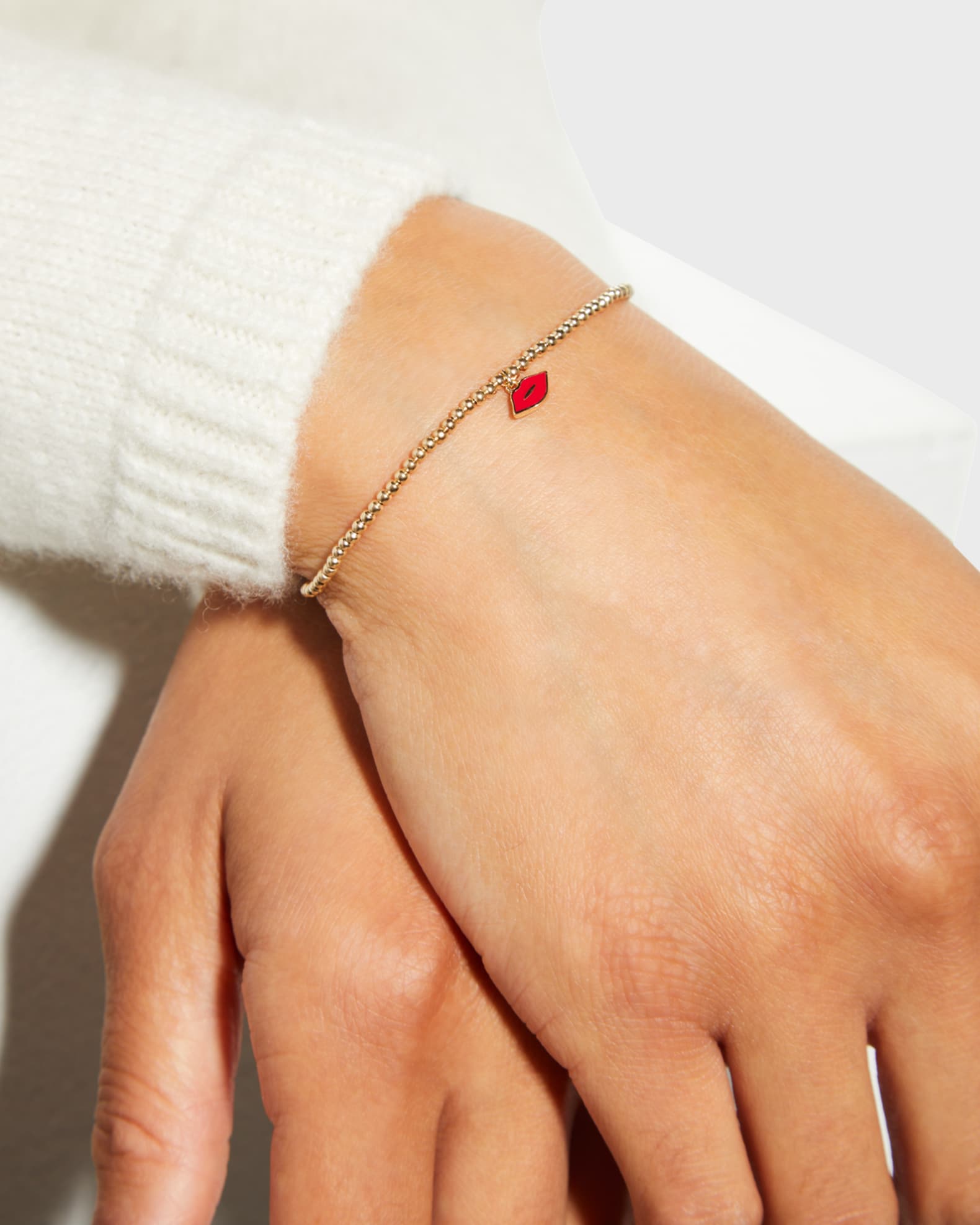 Sydney Evan 2mm Gold Bead Bracelet with Enamel Lips Charm | Neiman