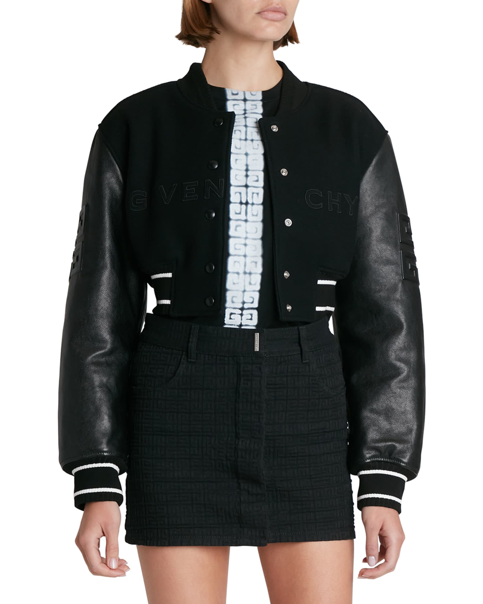 Givenchy Mixed-Media Logo-Embroidered Crop Bomber Jacket
