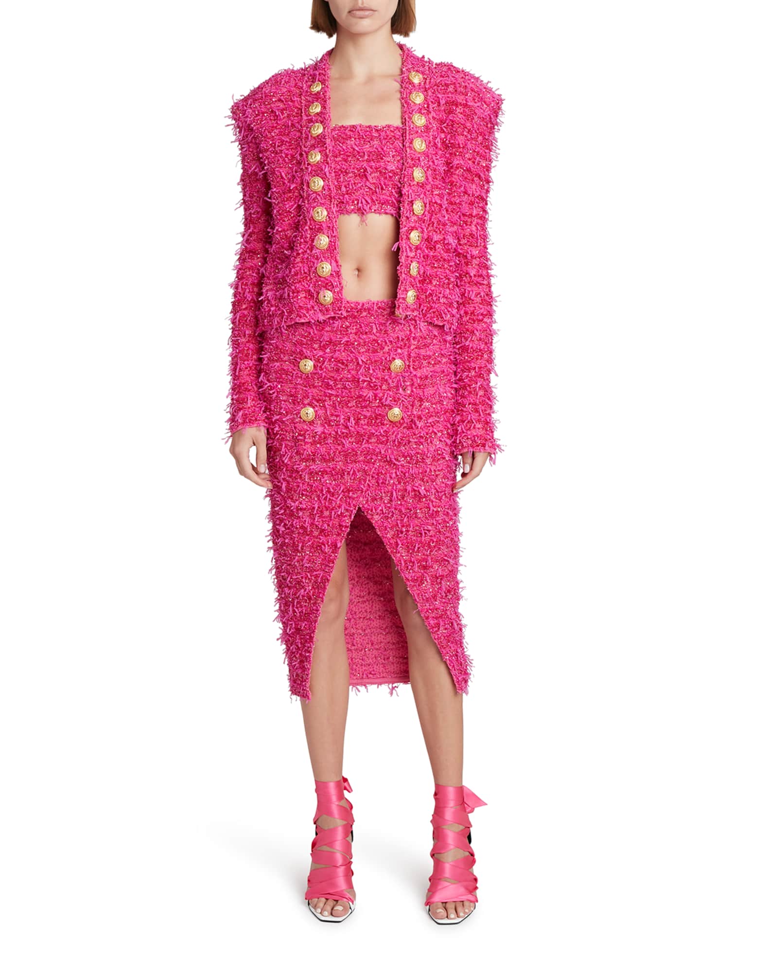 smertefuld bredde dybtgående Balmain X Barbie Spencer Strong-Shoulder Metallic Tweed Jacket | Neiman  Marcus